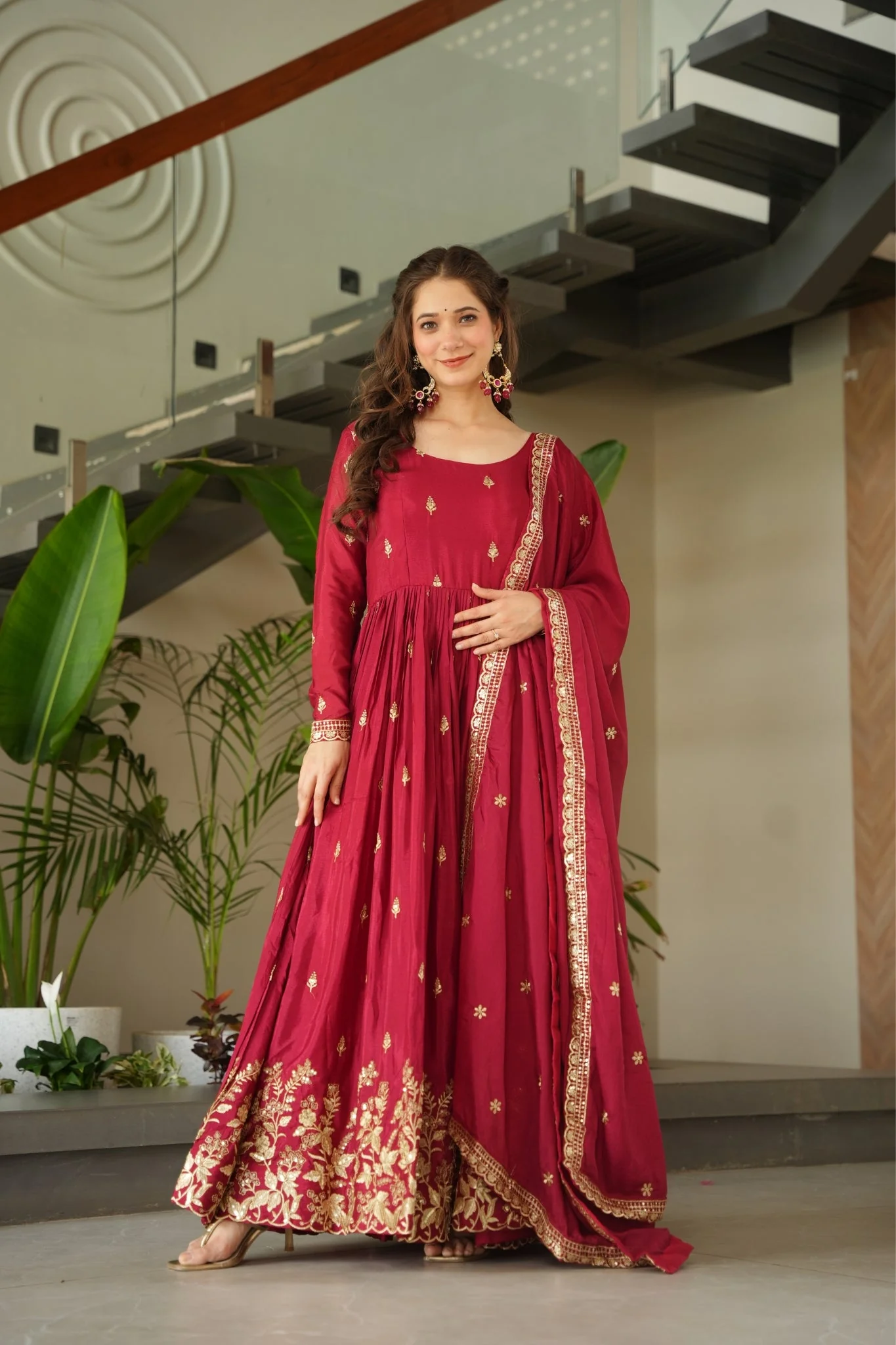 Wedding Designer Embroidered Zari Sequins Work Gown - Image 3