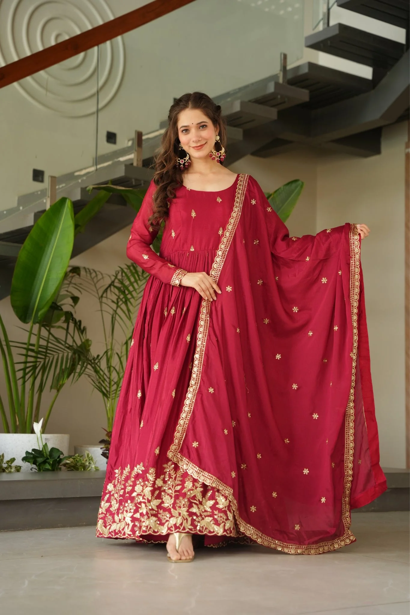 Wedding Designer Embroidered Zari Sequins Work Gown - Image 4