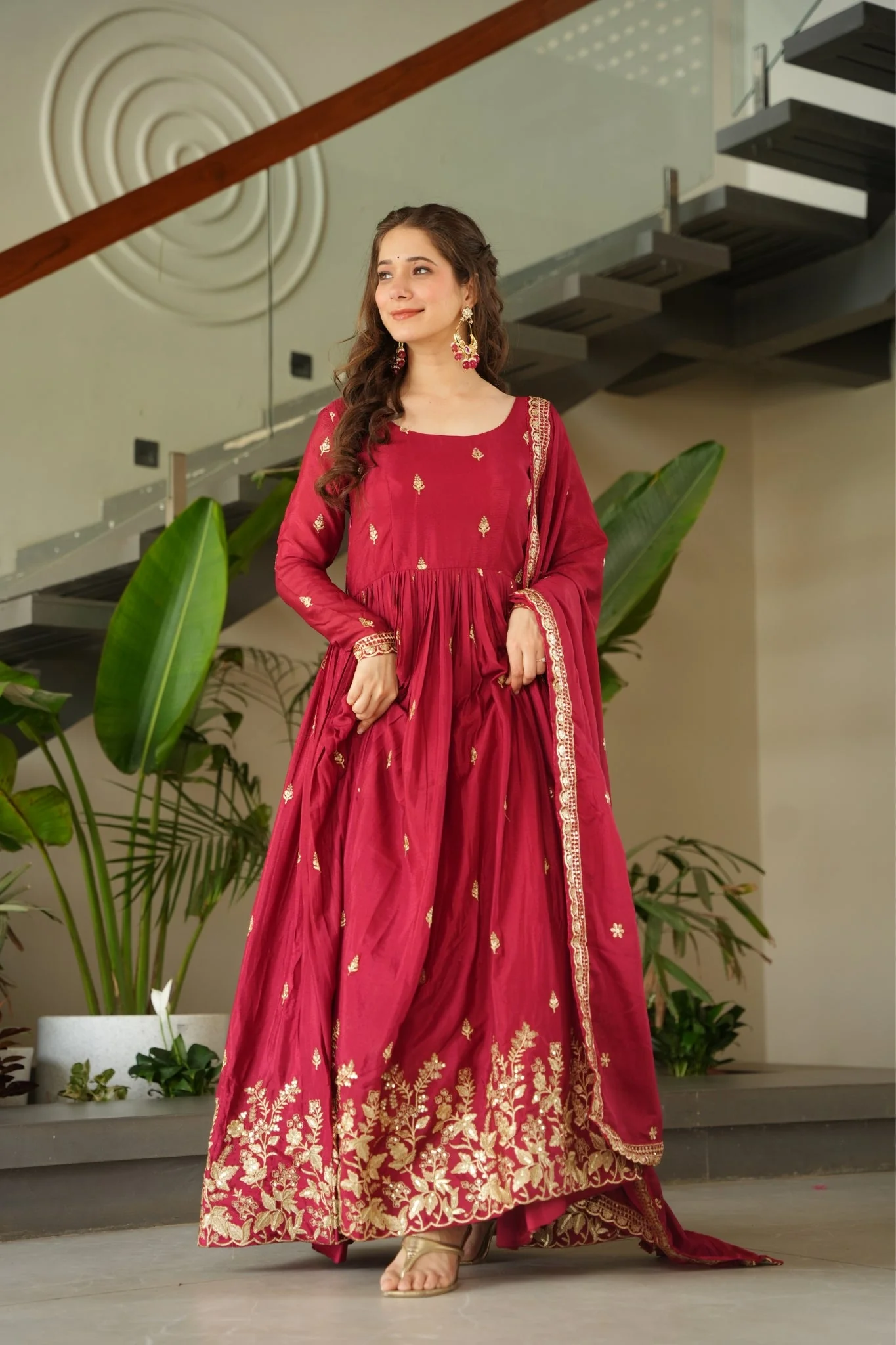 Wedding Designer Embroidered Zari Sequins Work Gown - Image 5