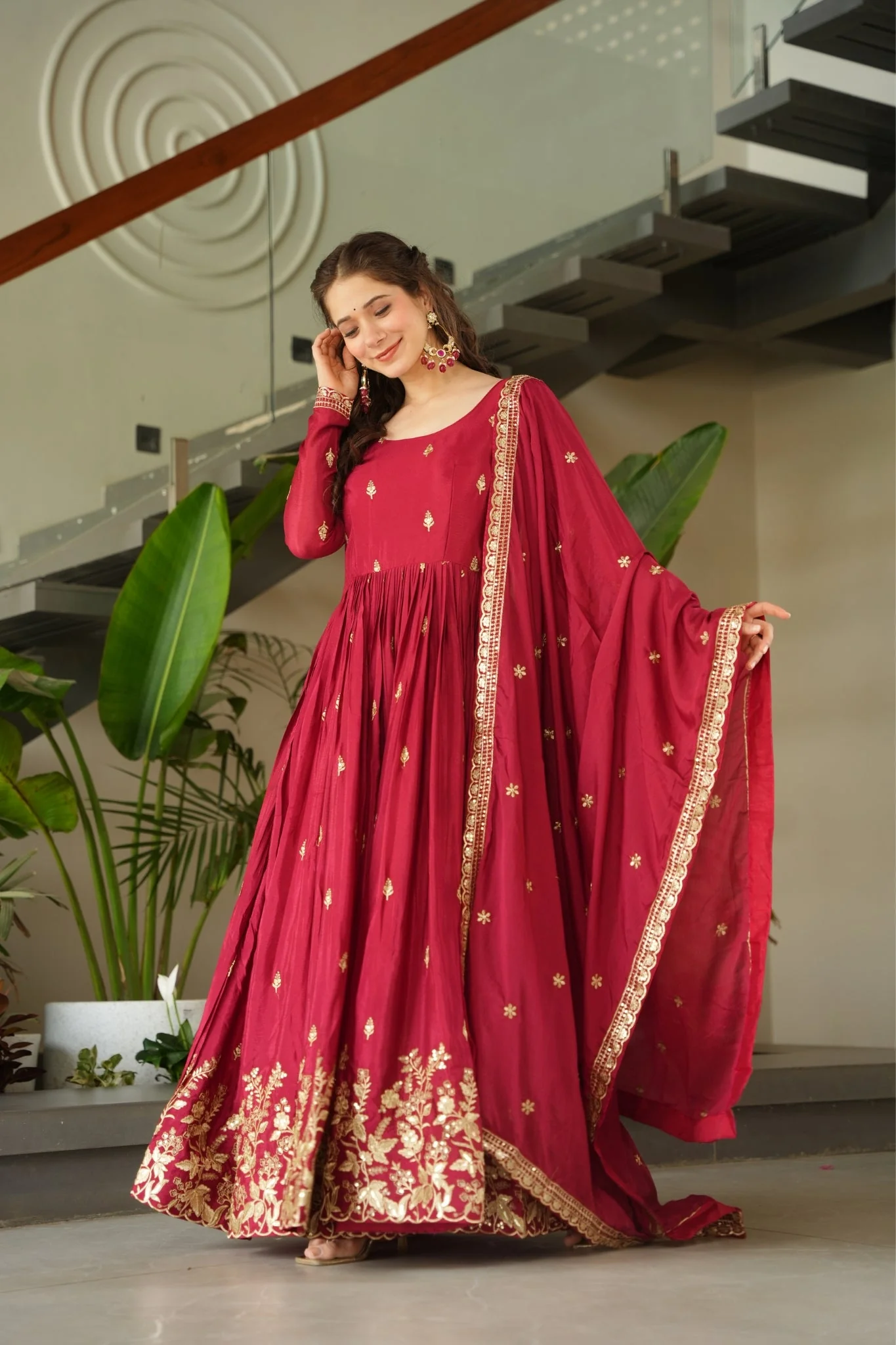 Wedding Designer Embroidered Zari Sequins Work Gown - Image 6