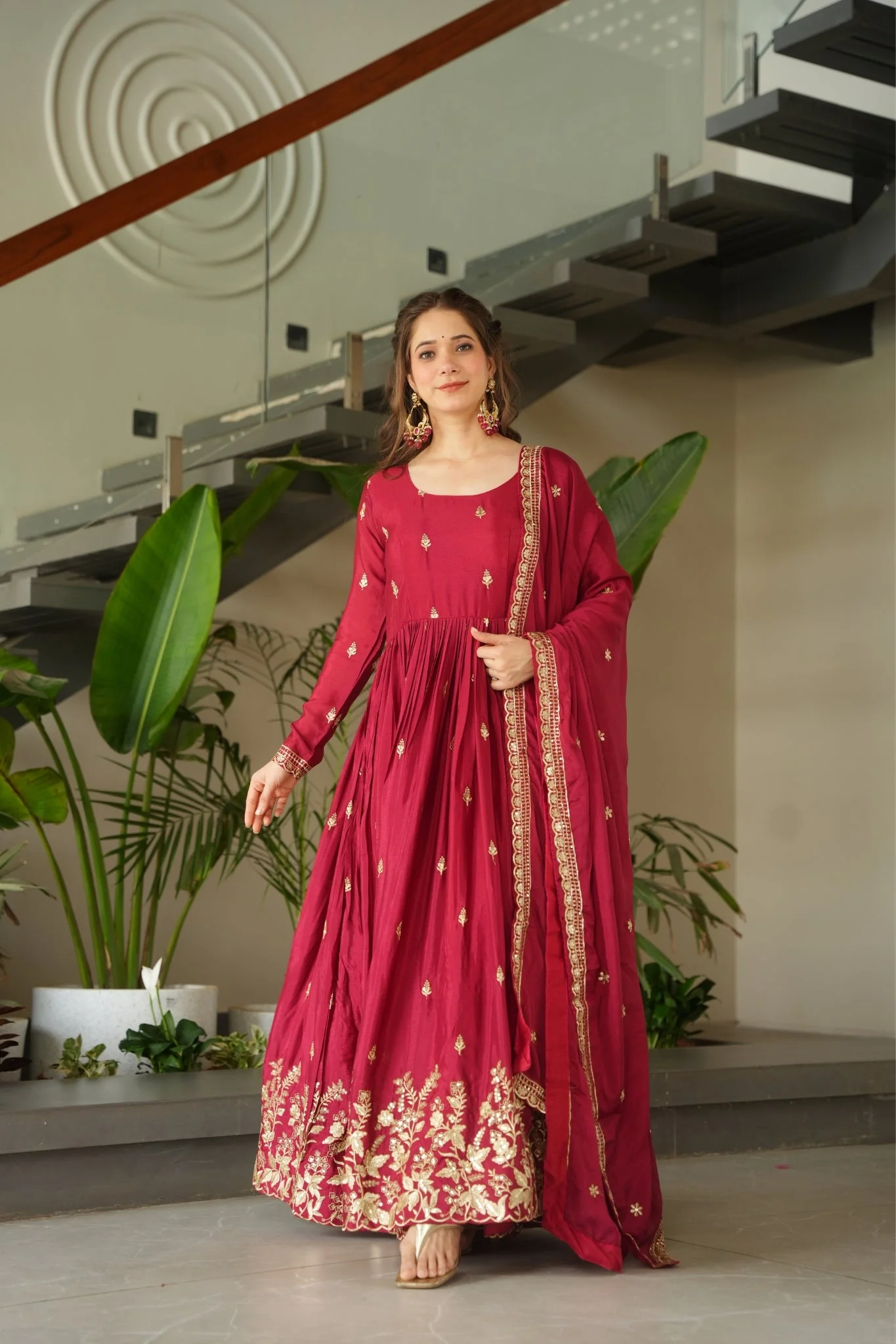 Wedding Designer Embroidered Zari Sequins Work Gown - Image 7