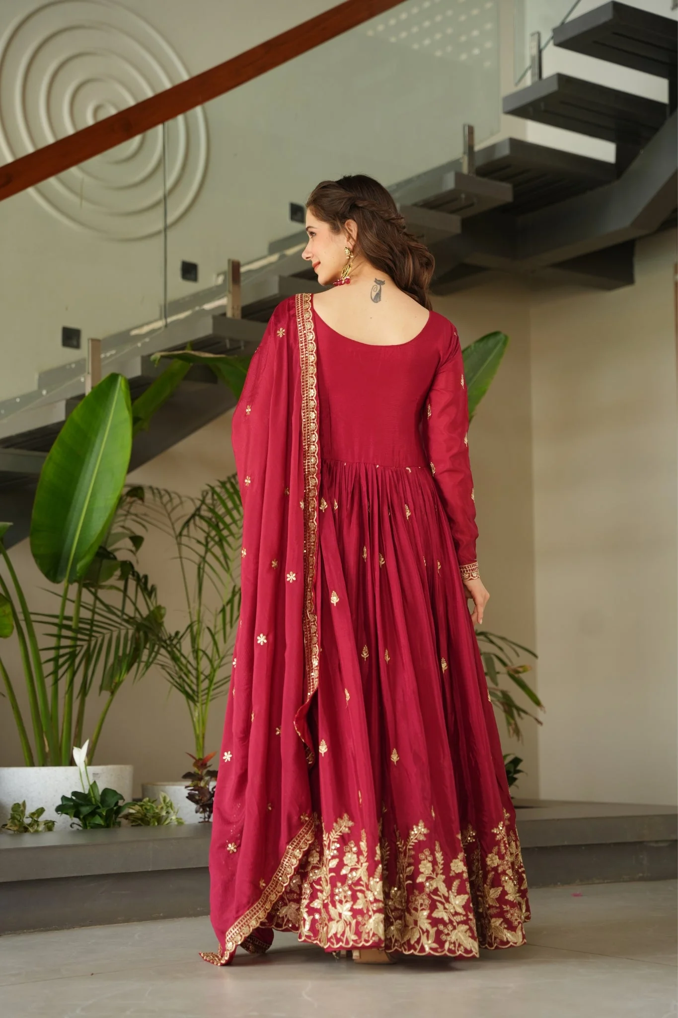 Wedding Designer Embroidered Zari Sequins Work Gown - Image 9