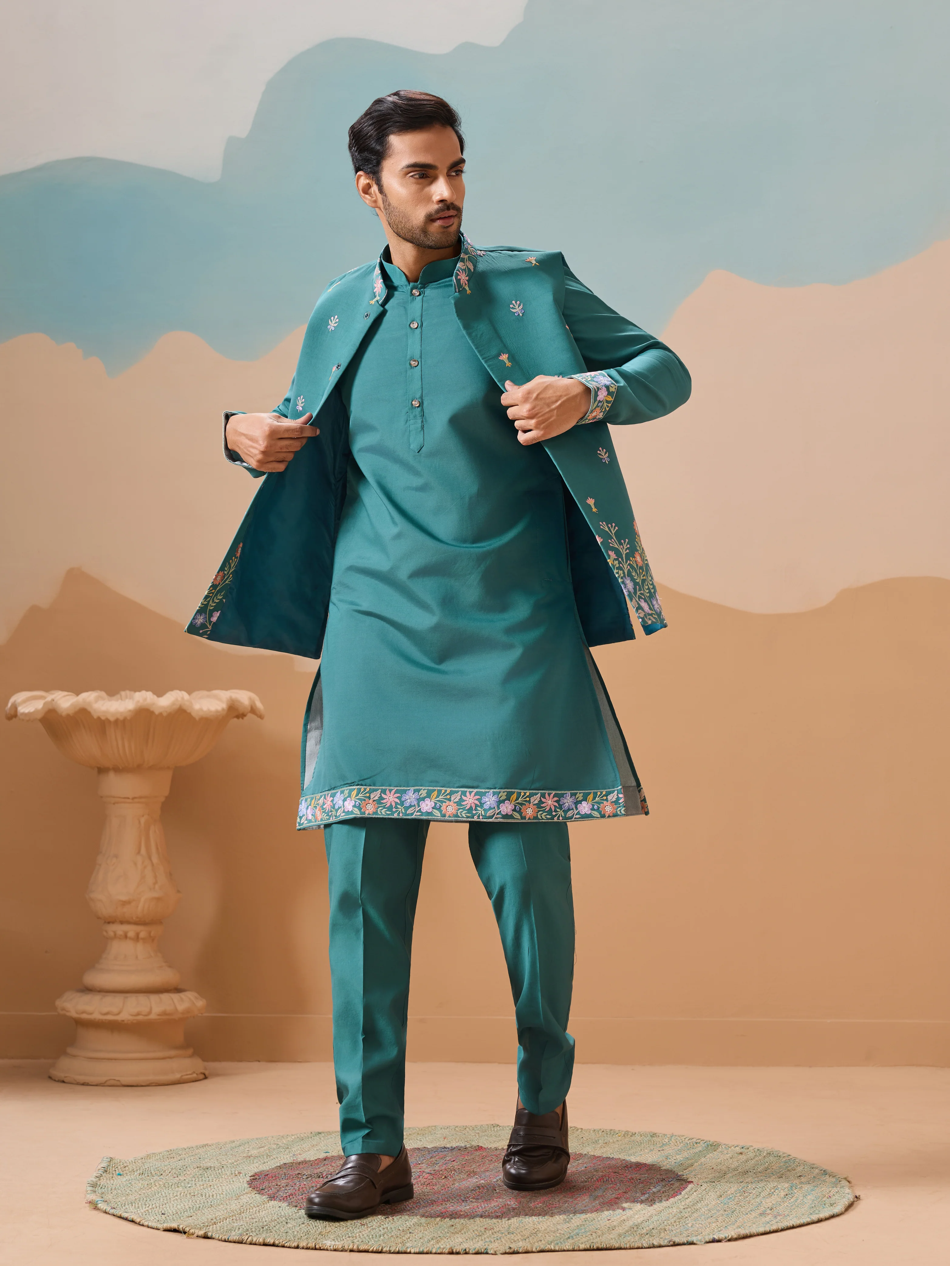 Wedding Party Outfit Rama Green Kurta Jacket Pant for Men - Image 3
