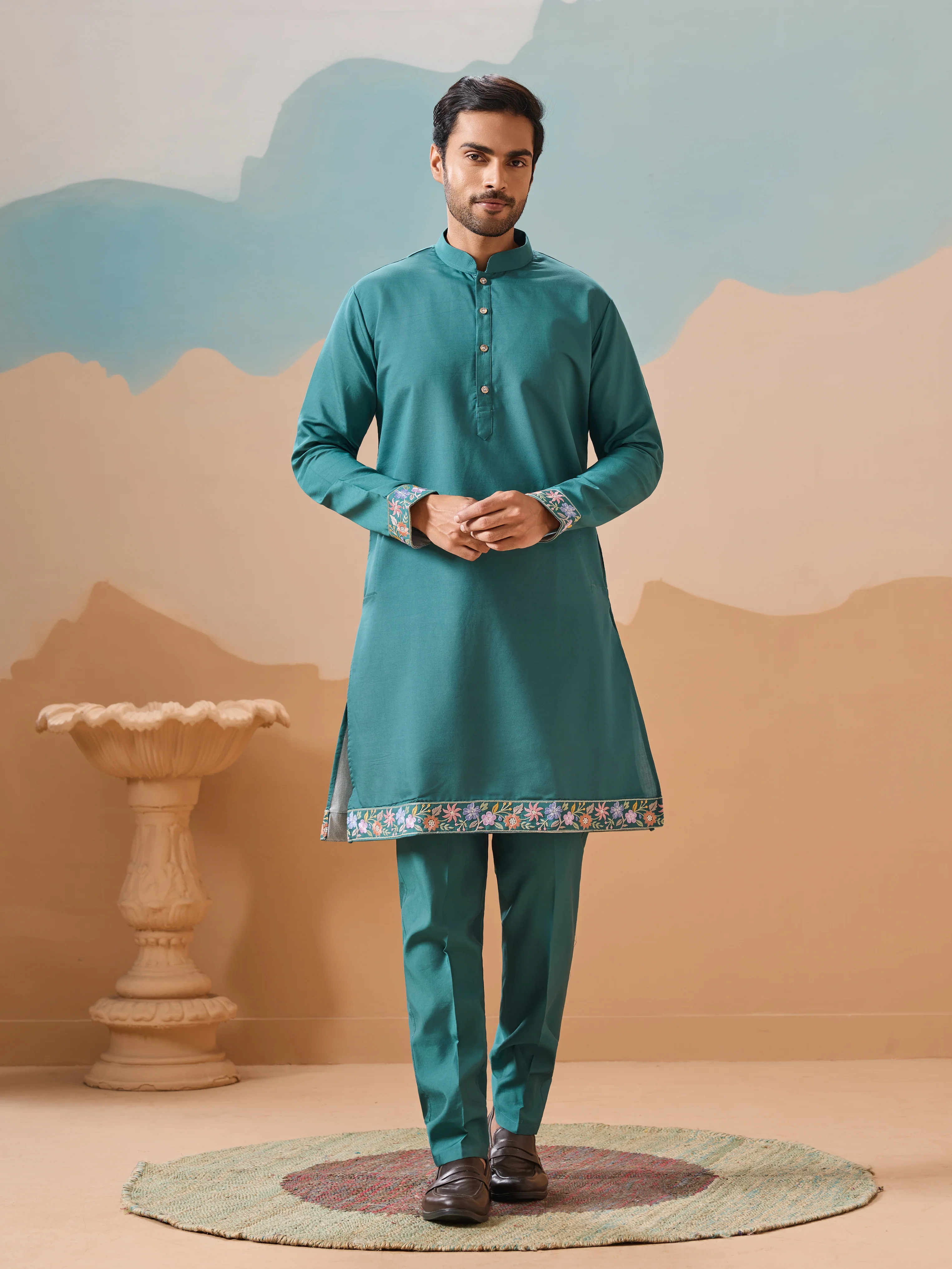 Wedding Party Outfit Rama Green Kurta Jacket Pant for Men - Image 4