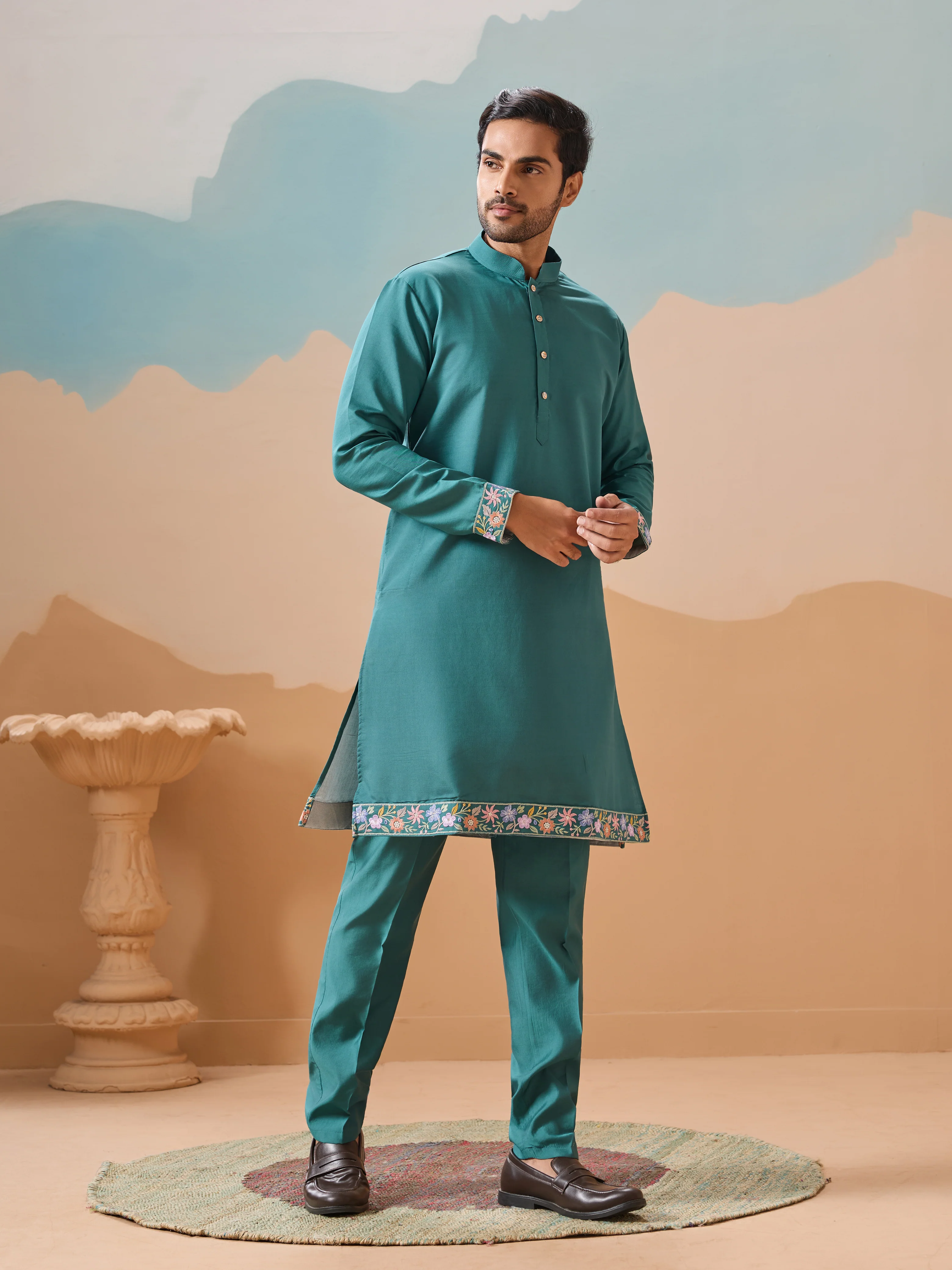 Wedding Party Outfit Rama Green Kurta Jacket Pant for Men - Image 9