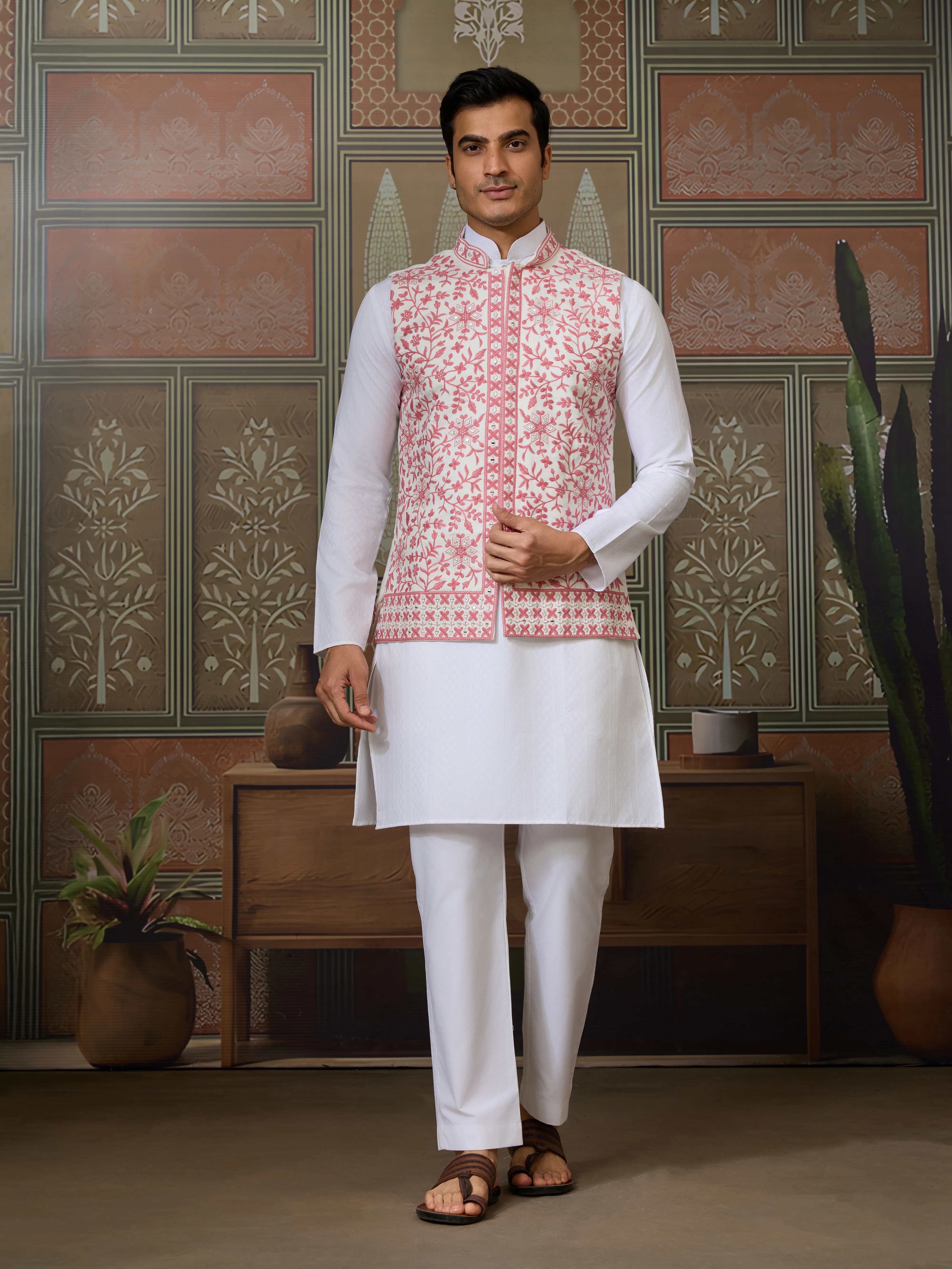 Wedding Pink Koti with White Kurta Pajama Set - Image 4