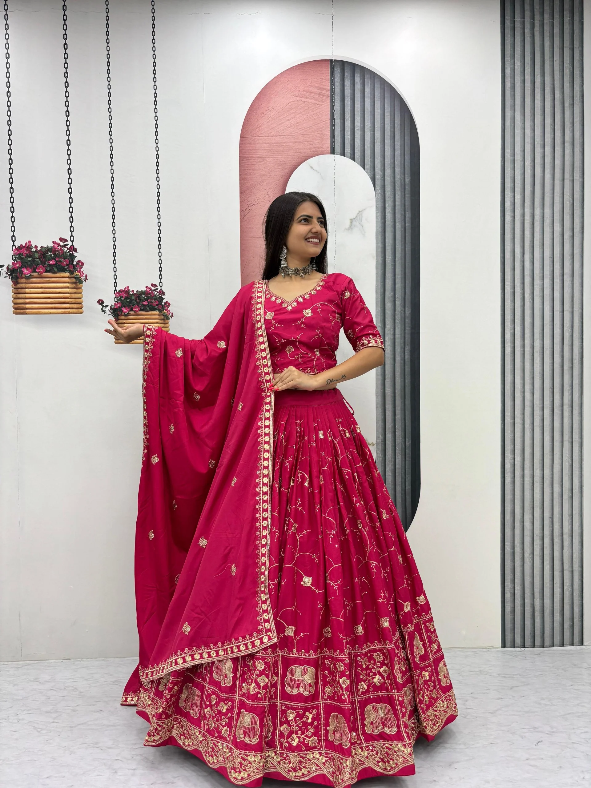 Wedding Special Crepe Silk Thread Embroidered Work Lehenga Dupatta Set - Image 4