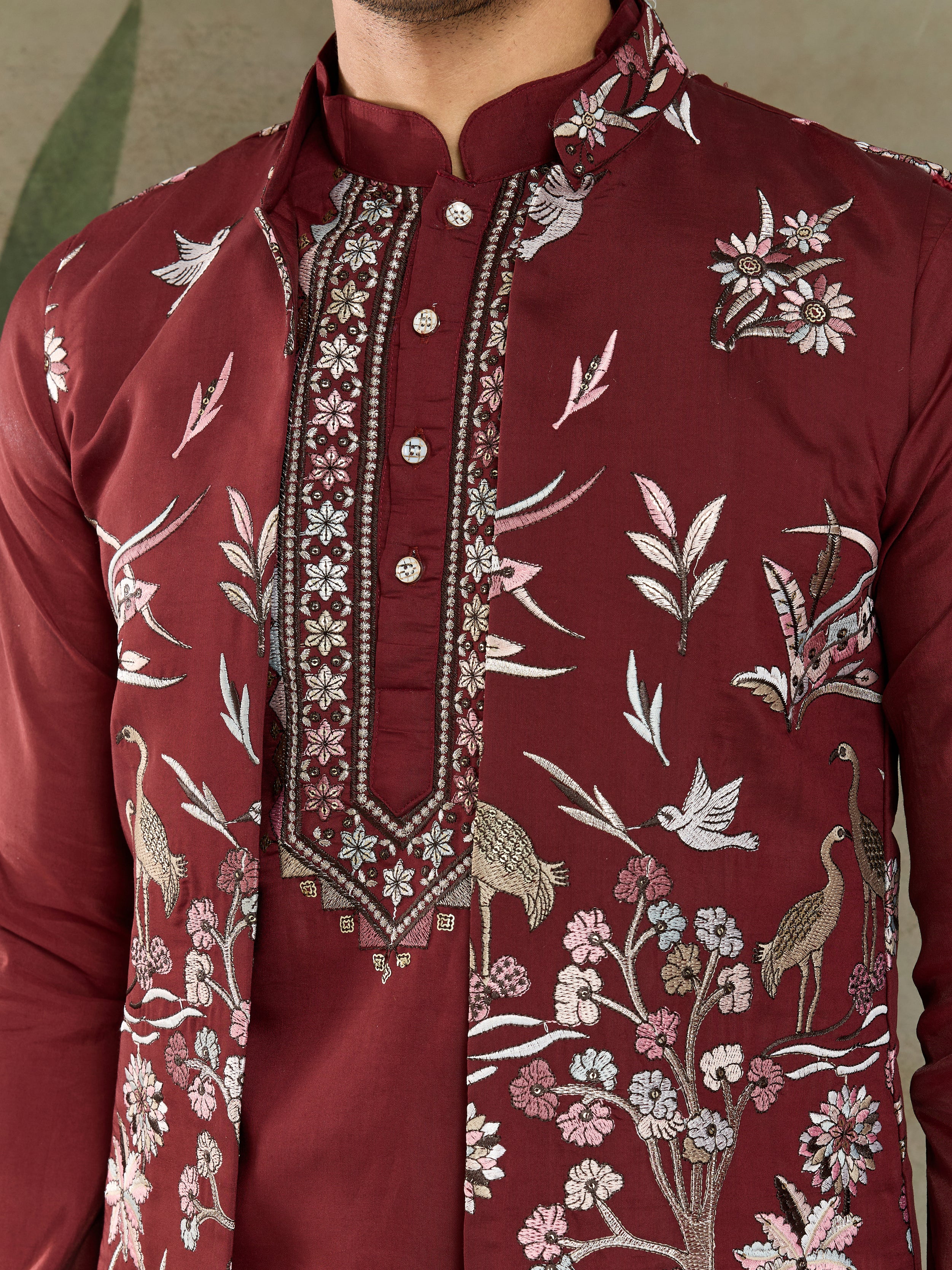 Wedding Special Maroon Kurta Pajama with Open Koti for Men - Image 3