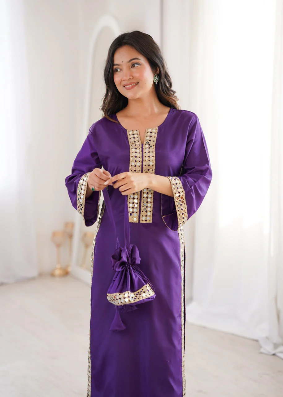 Wedding Special Natural Crepe Mirror Work Kurti Set With Pant & Batwa - Image 8