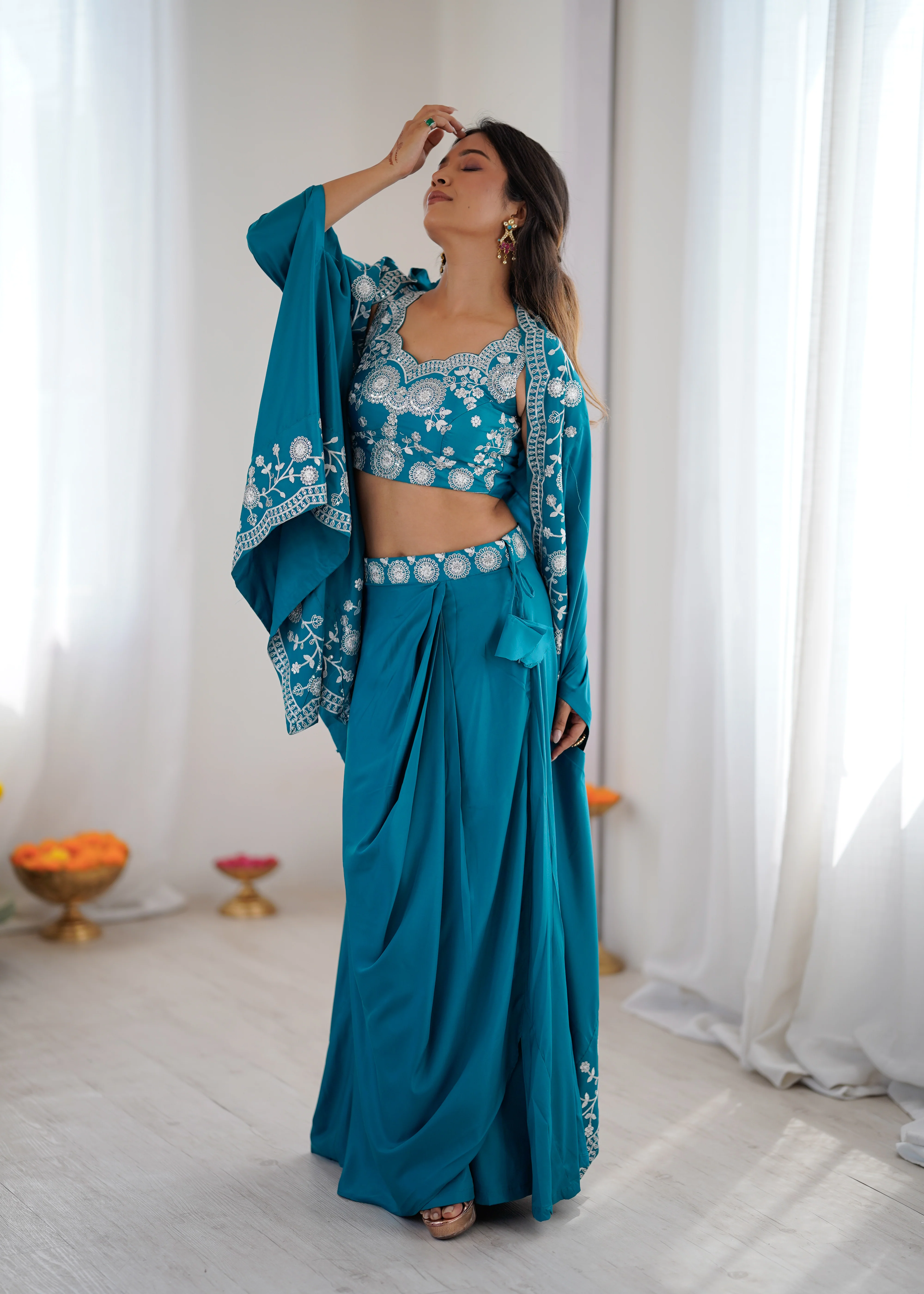 Wedding Special Rama French Crepe Thread & Sequence Work Western Dhoti Set - Image 2
