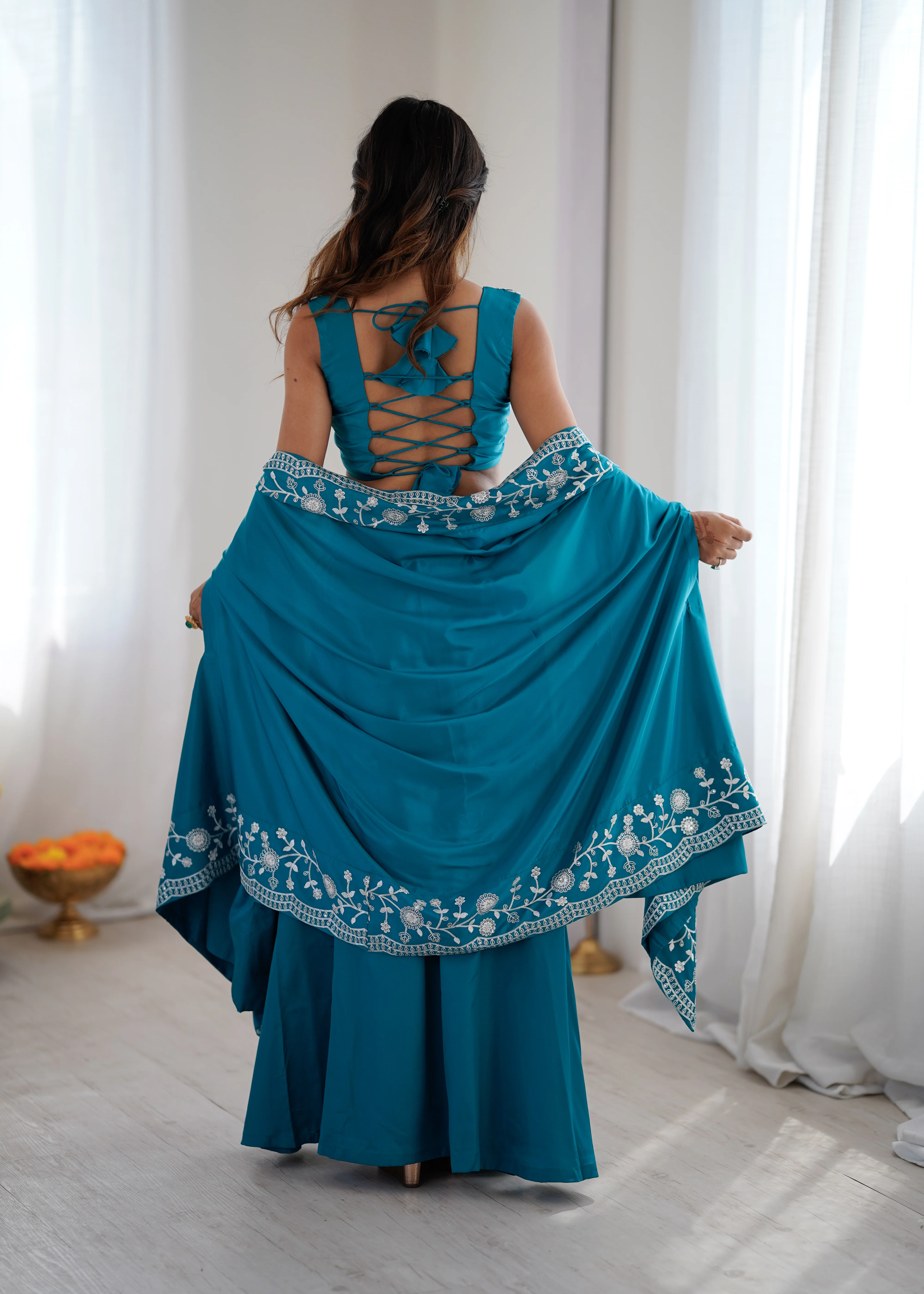 Wedding Special Rama French Crepe Thread & Sequence Work Western Dhoti Set - Image 5