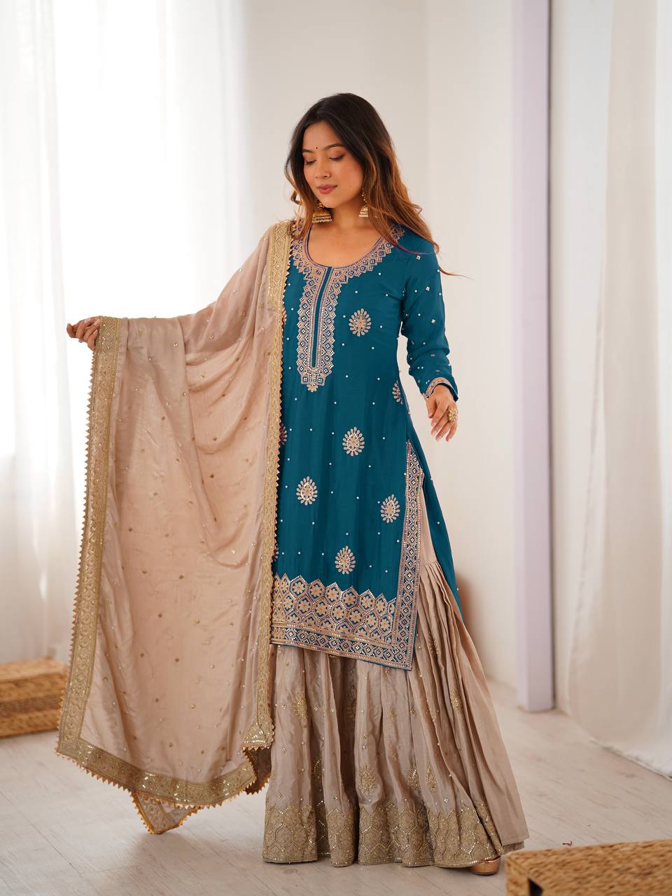 Wedding Style Rama Green Chinon Silk Heavy Embroidery Sharara Set - Image 2