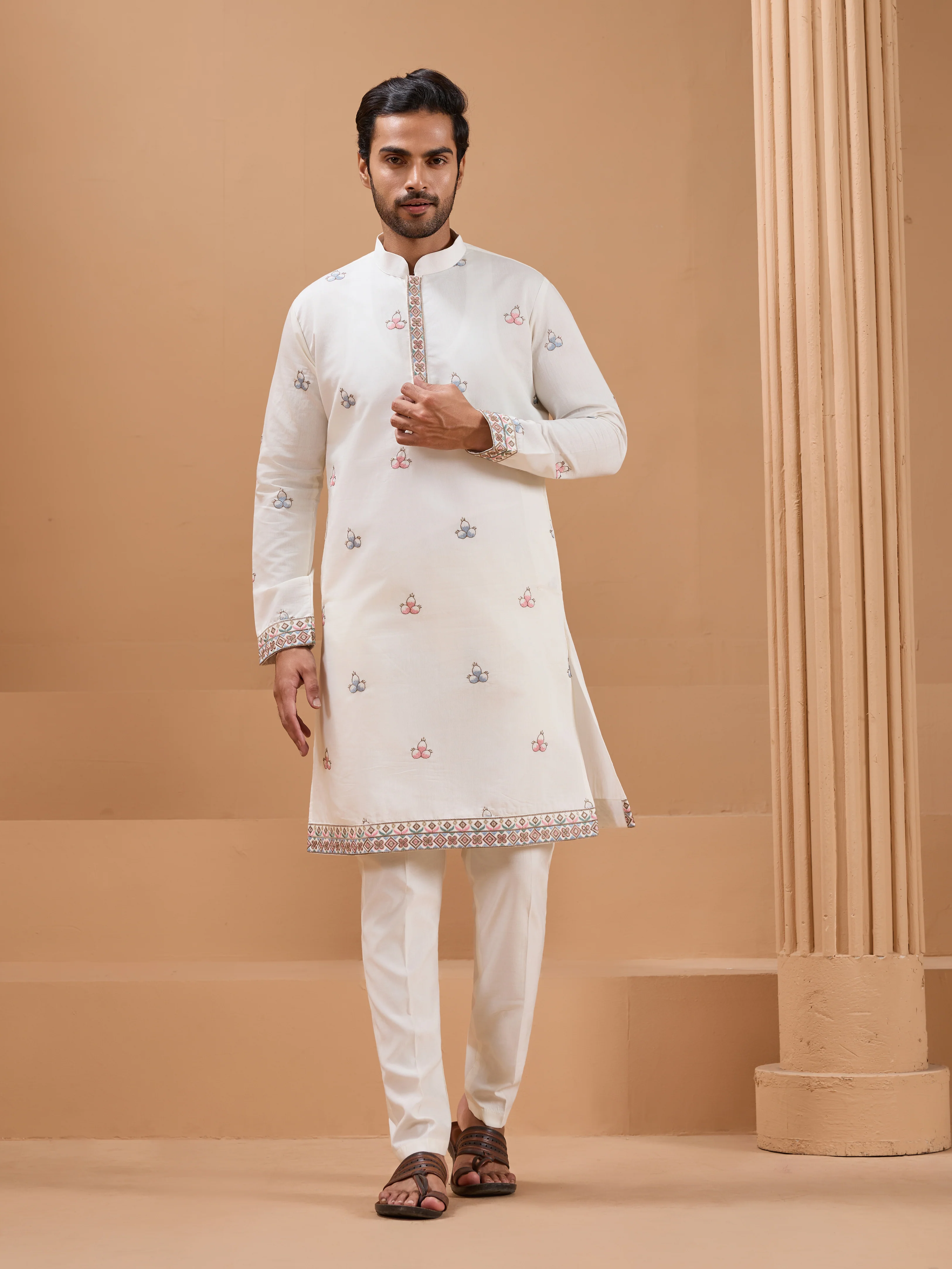 White Color Embroidered and Sequence Mens Kurta Jacket and Pant Set - Image 5