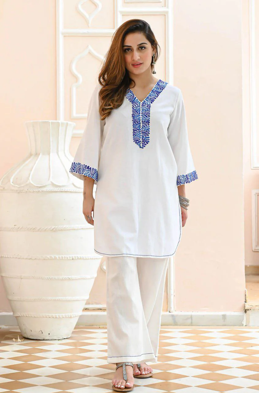 White Cotton Top And Palazzo Co Ord Set