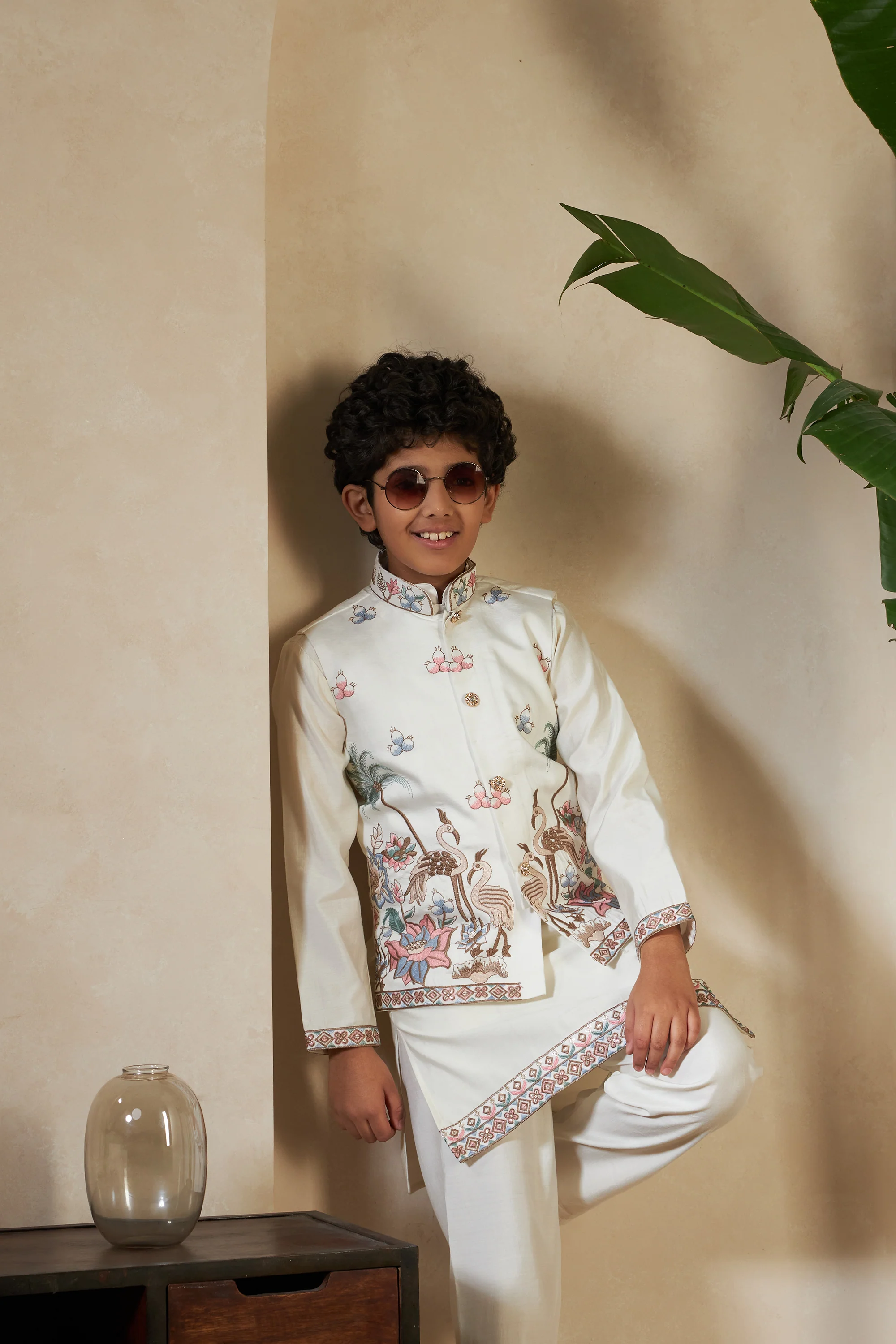 White Embroidered Koti Kurta Set for Boys - Image 2
