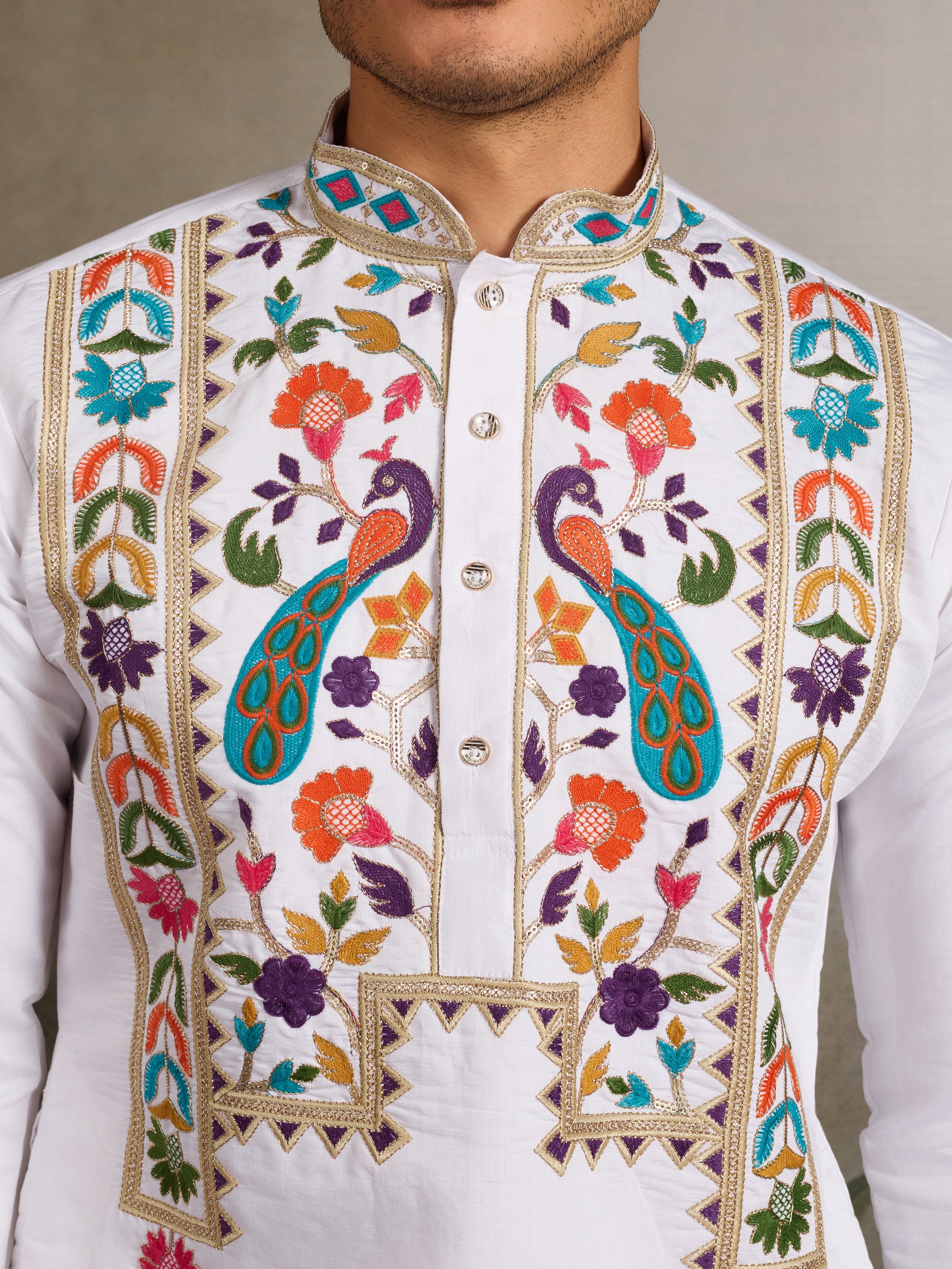 White Embroidered Mens Kurta for Special Events - Image 4