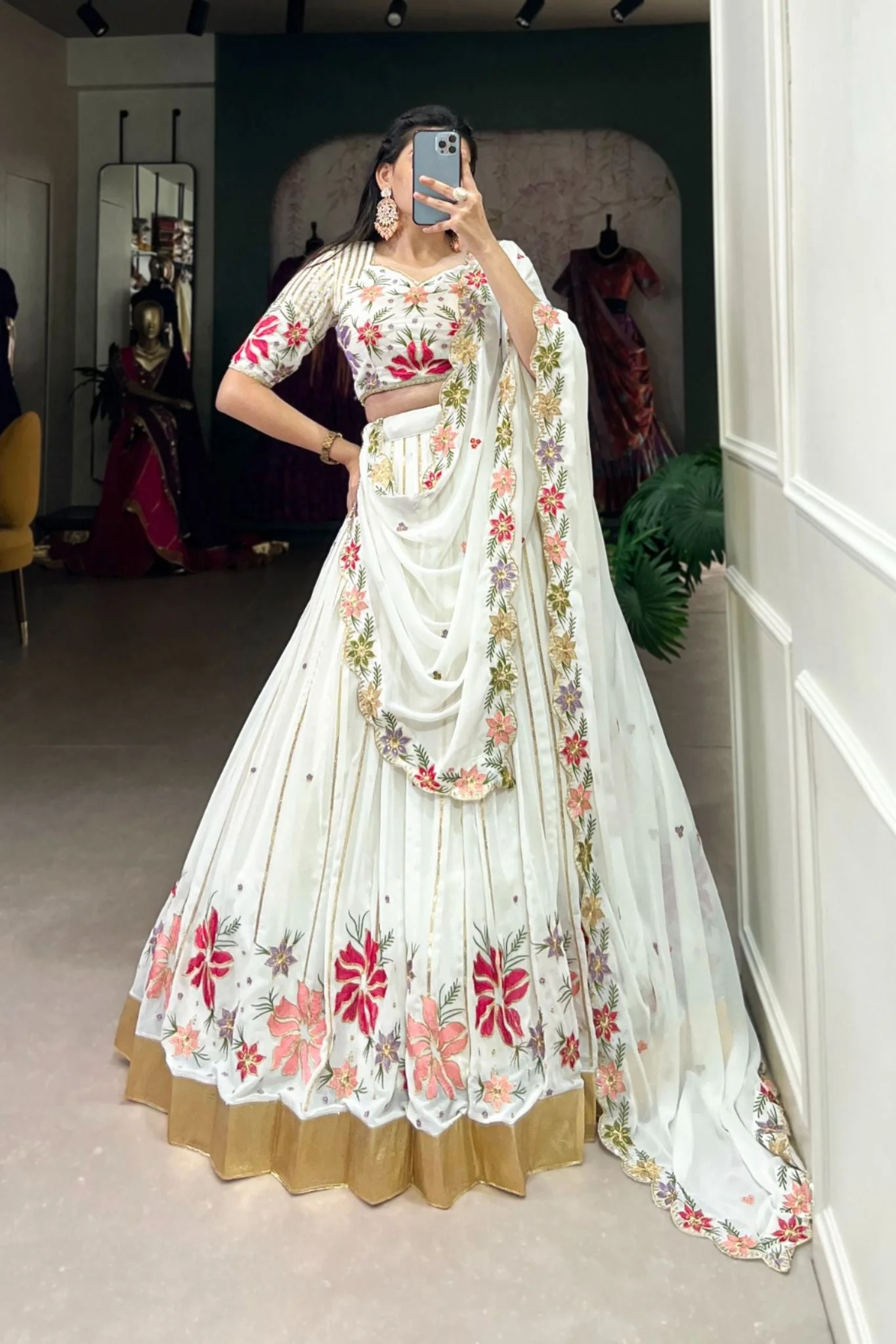 White Georgette Tread Embroidery Work Lehenga Choli - Image 2