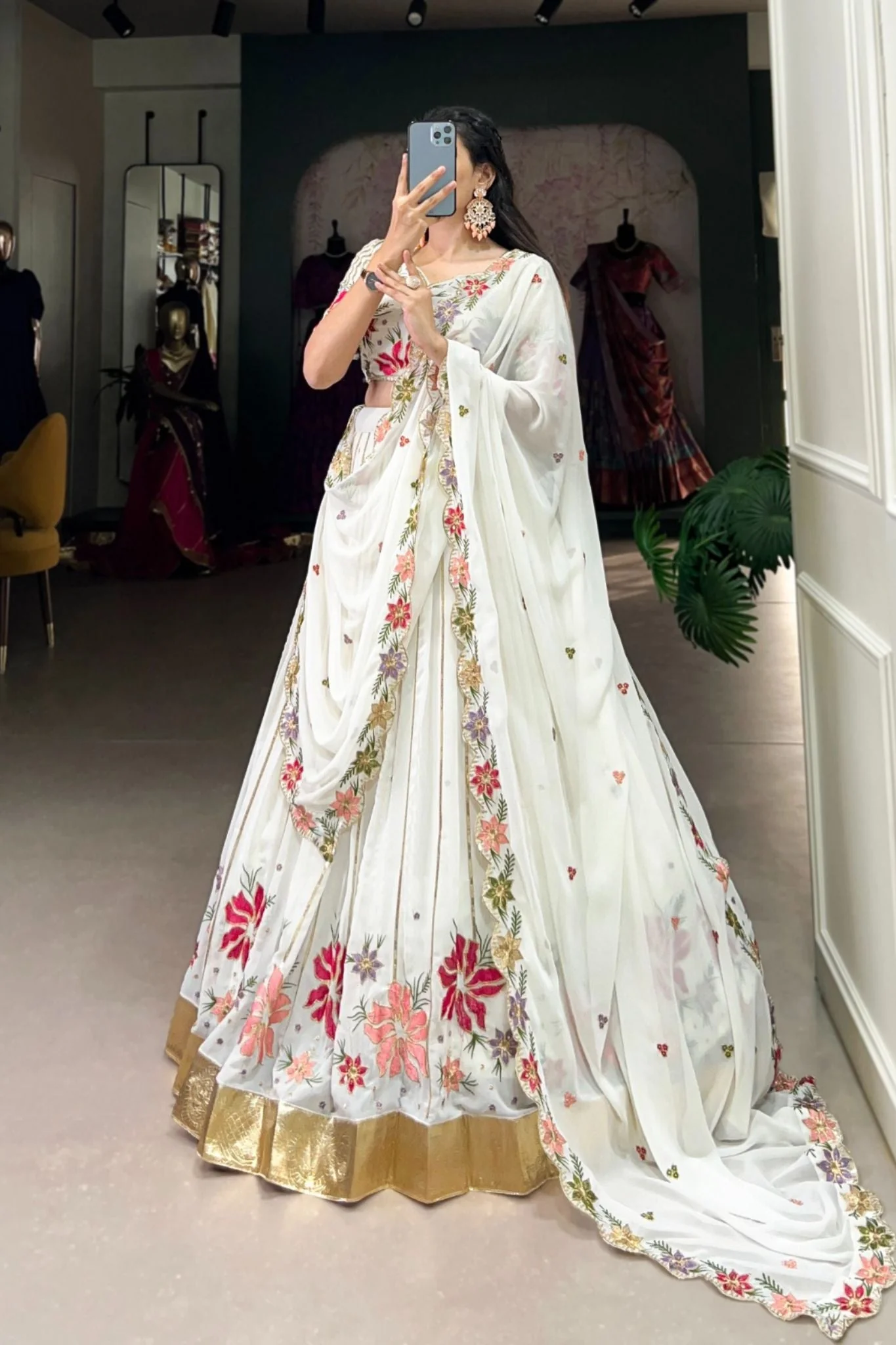 White Georgette Tread Embroidery Work Lehenga Choli - Image 3