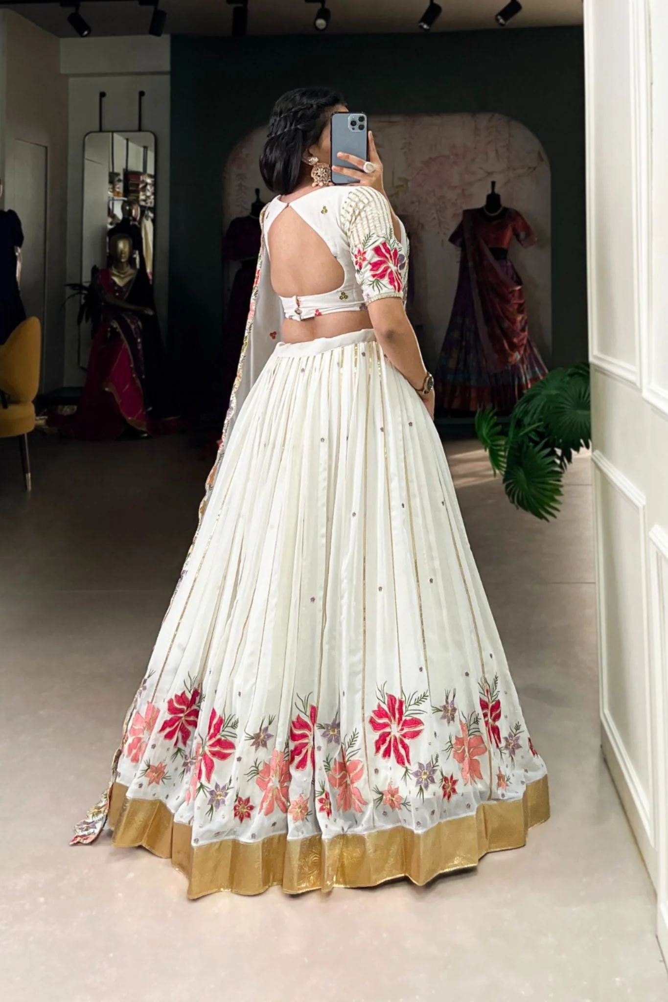 White Georgette Tread Embroidery Work Lehenga Choli - Image 4