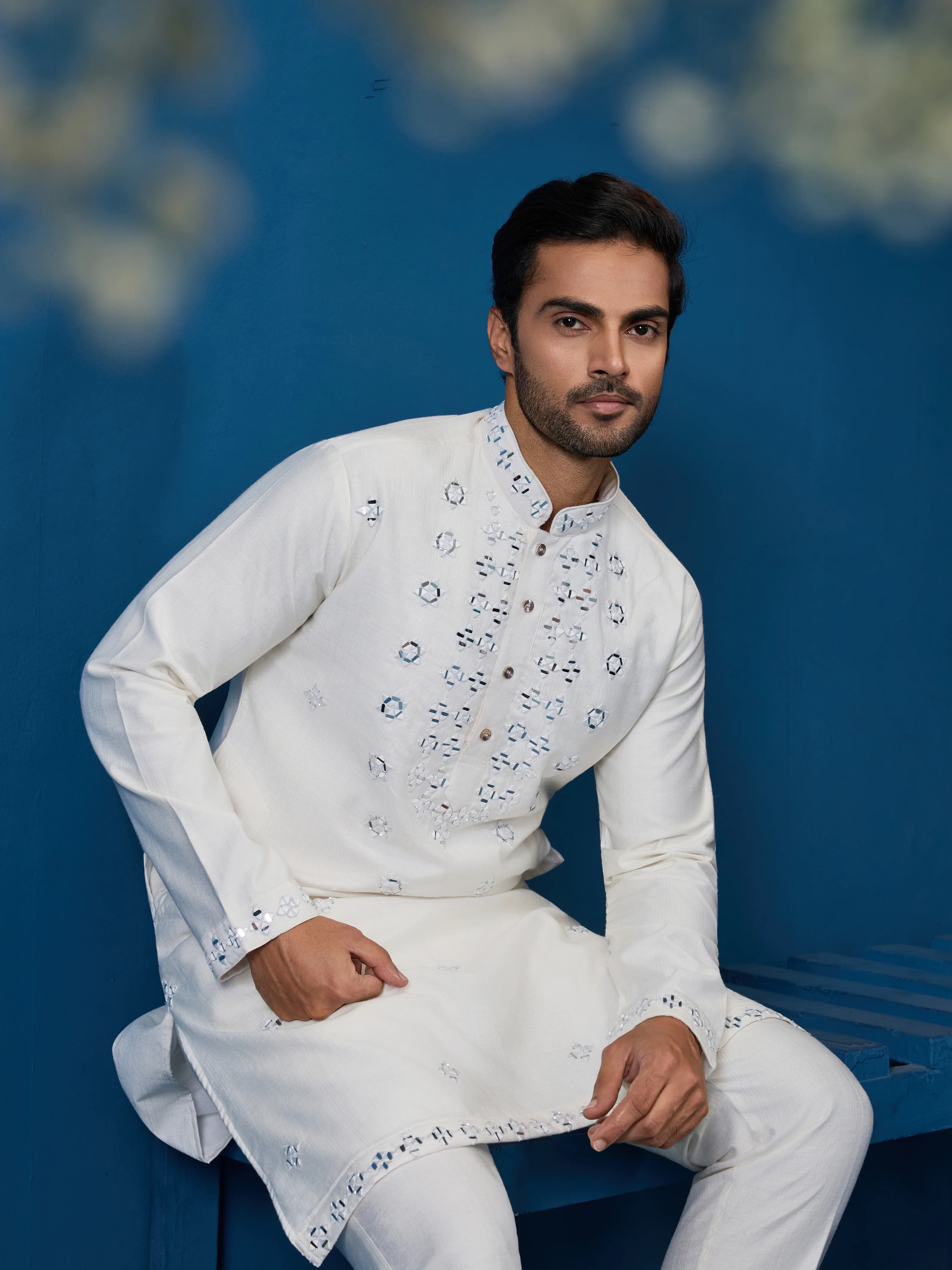 White Real Mirror Work Kurta Pant Set for Mens Wear - Image 2