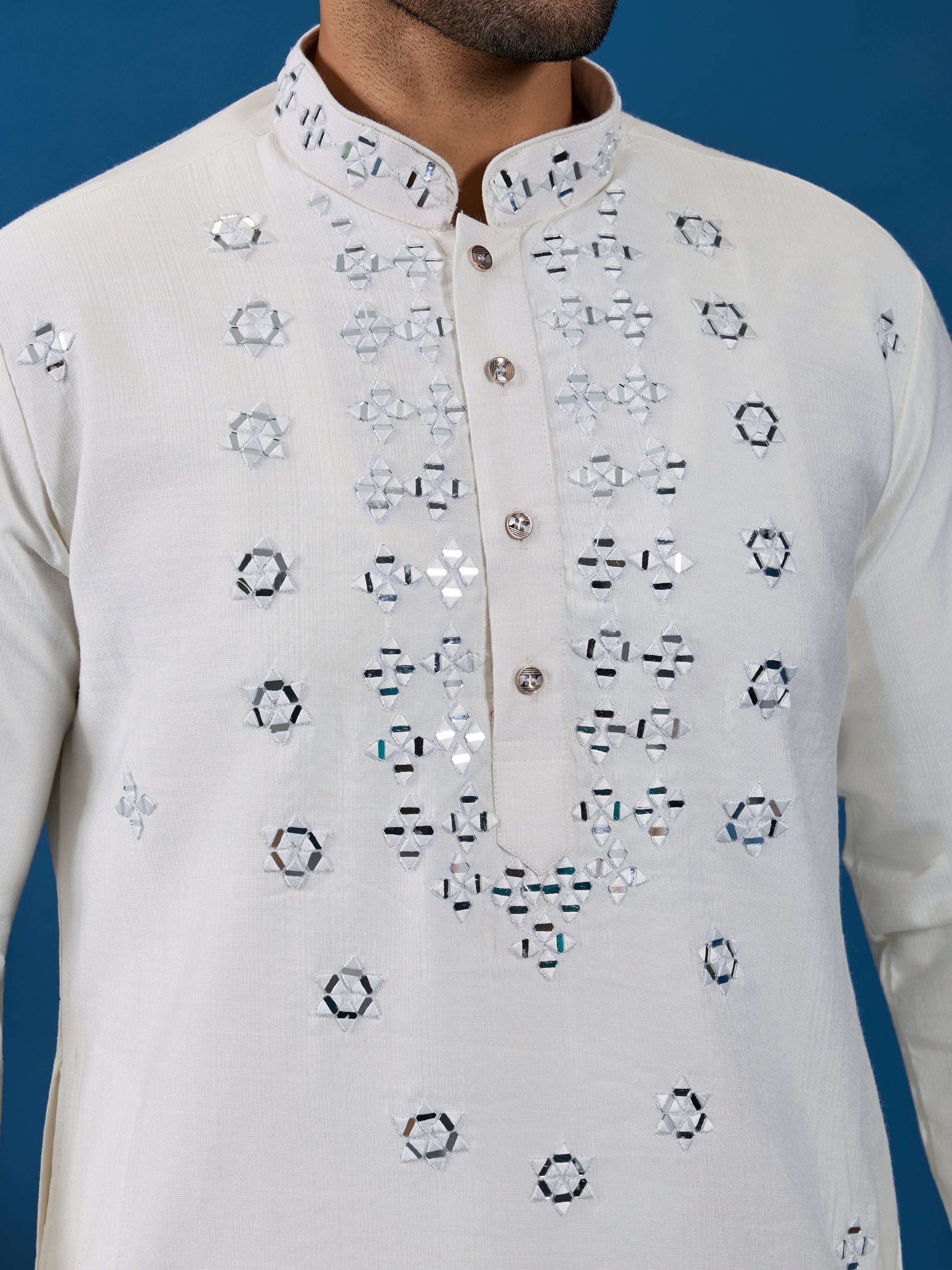 White Real Mirror Work Kurta Pant Set for Mens Wear - Image 3