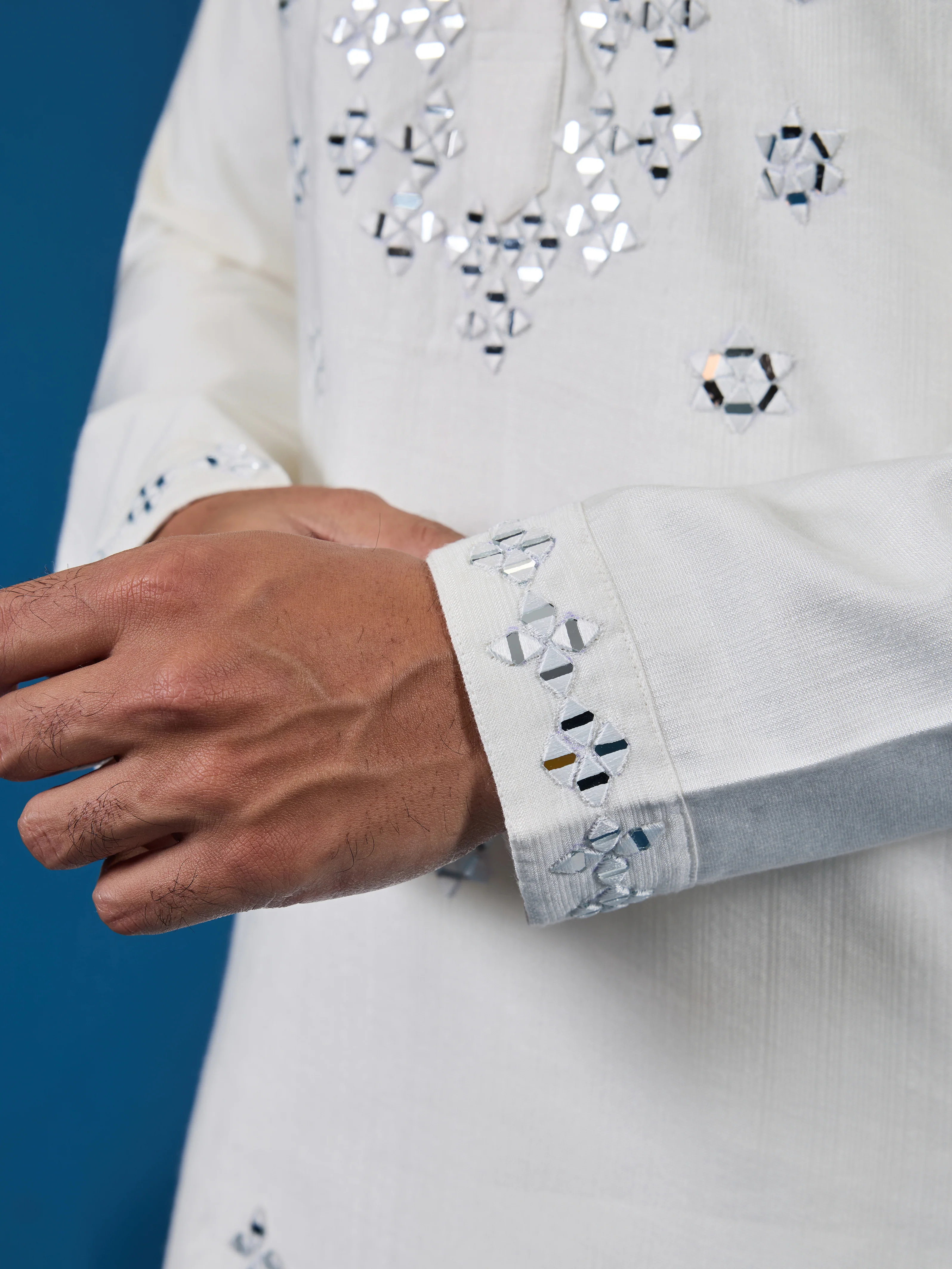 White Real Mirror Work Kurta Pant Set for Mens Wear - Image 4