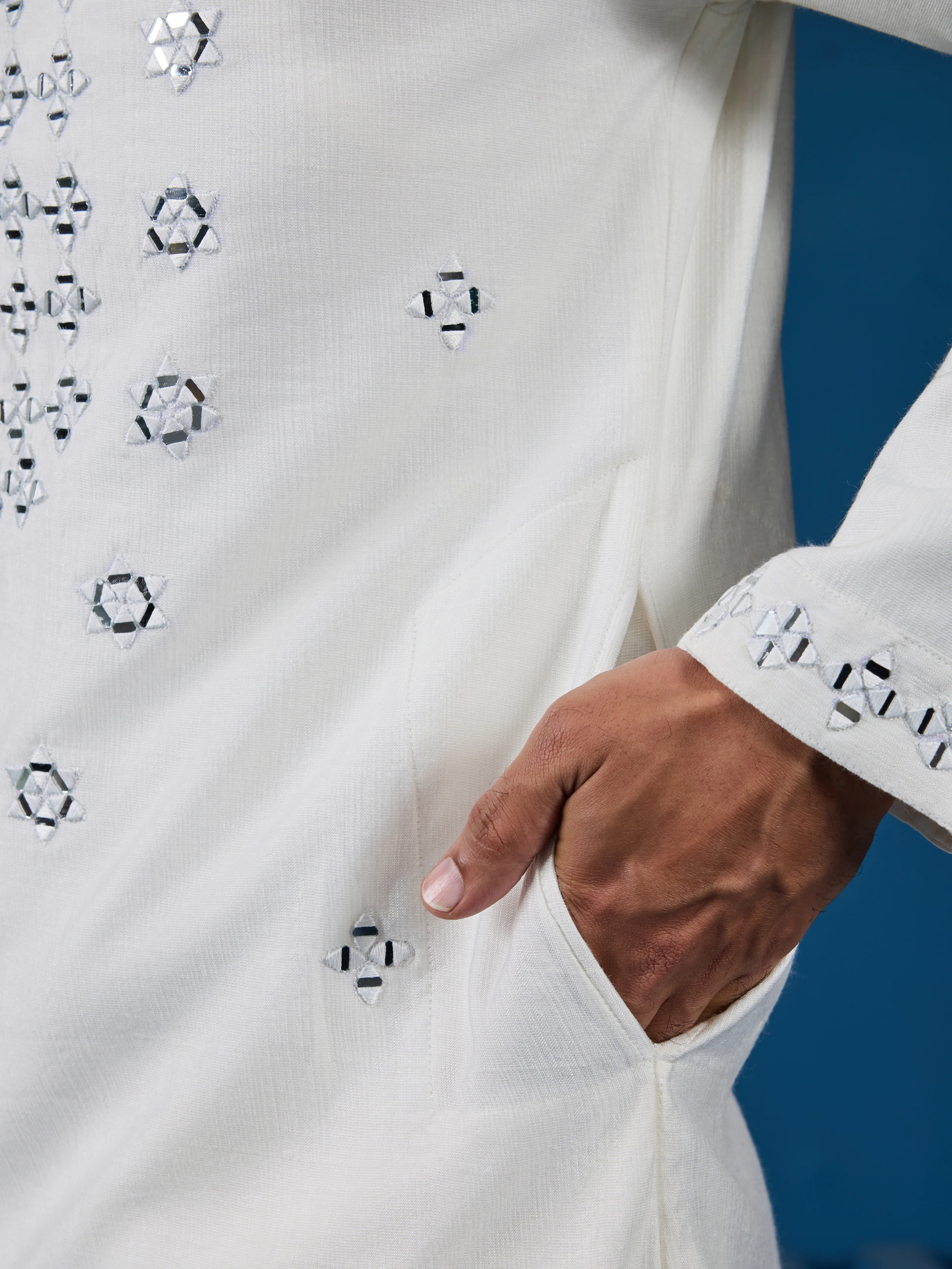 White Real Mirror Work Kurta Pant Set for Mens Wear - Image 5