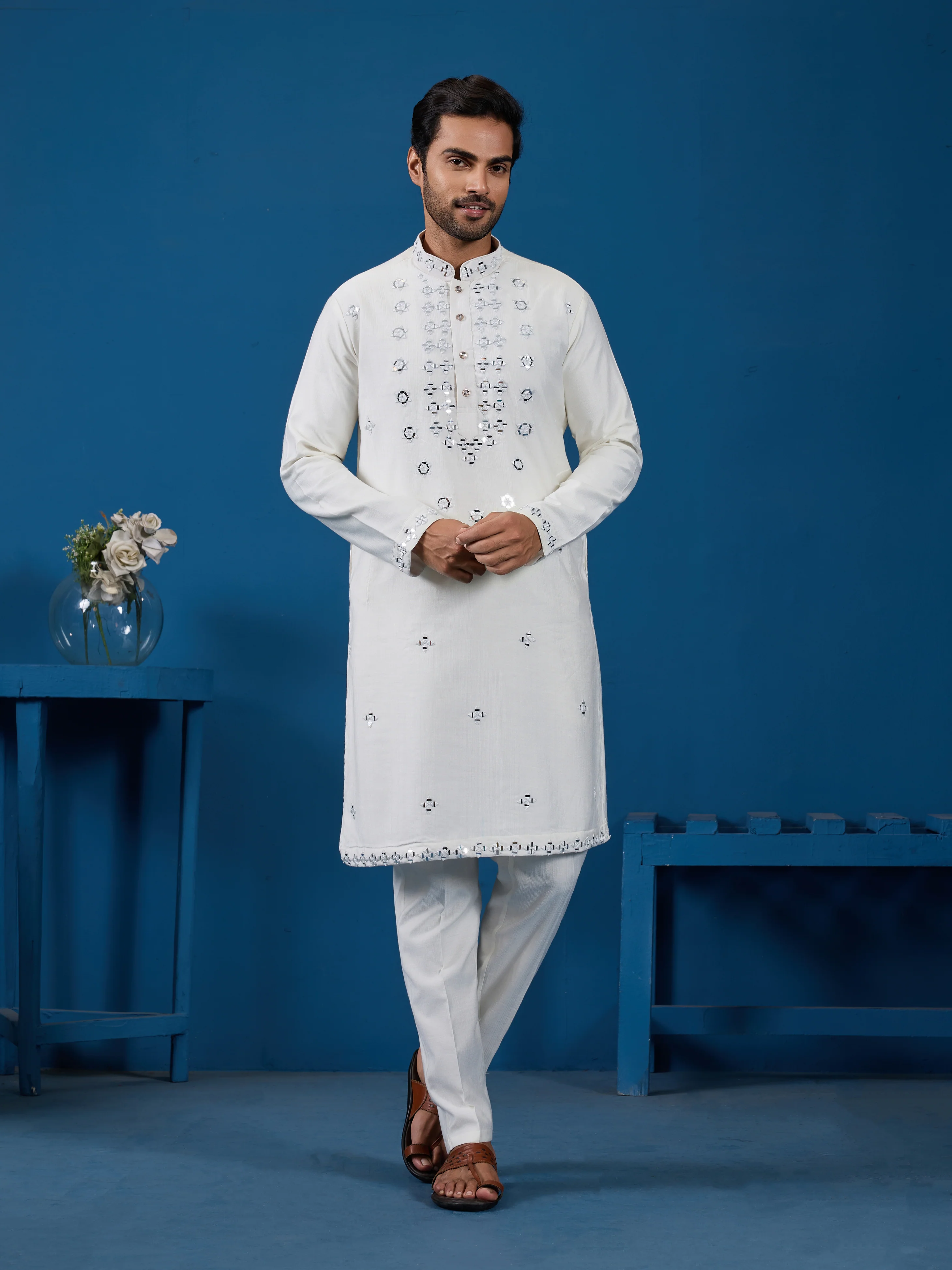 White Real Mirror Work Kurta Pant Set for Mens Wear - Image 6