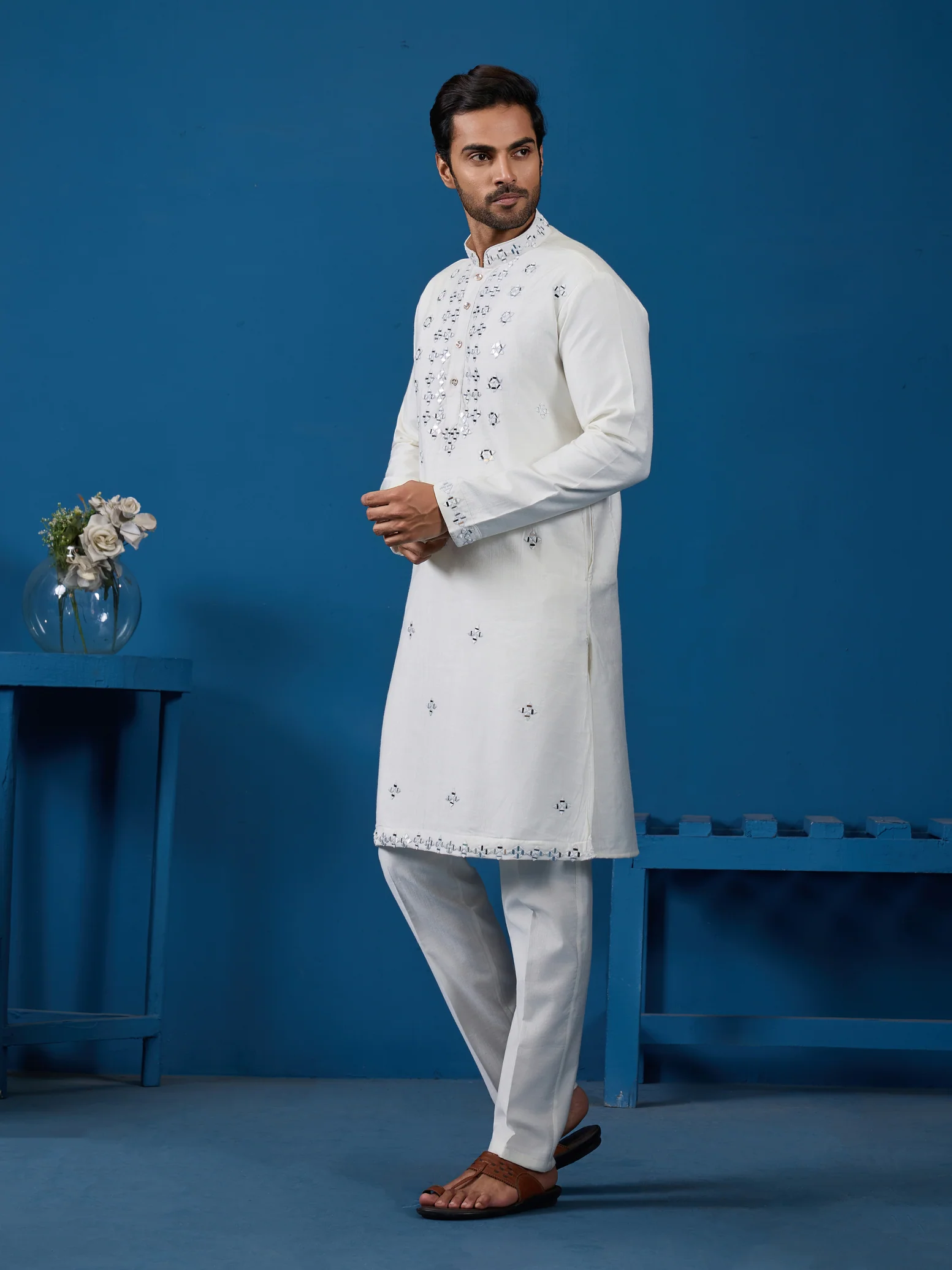 White Real Mirror Work Kurta Pant Set for Mens Wear - Image 7