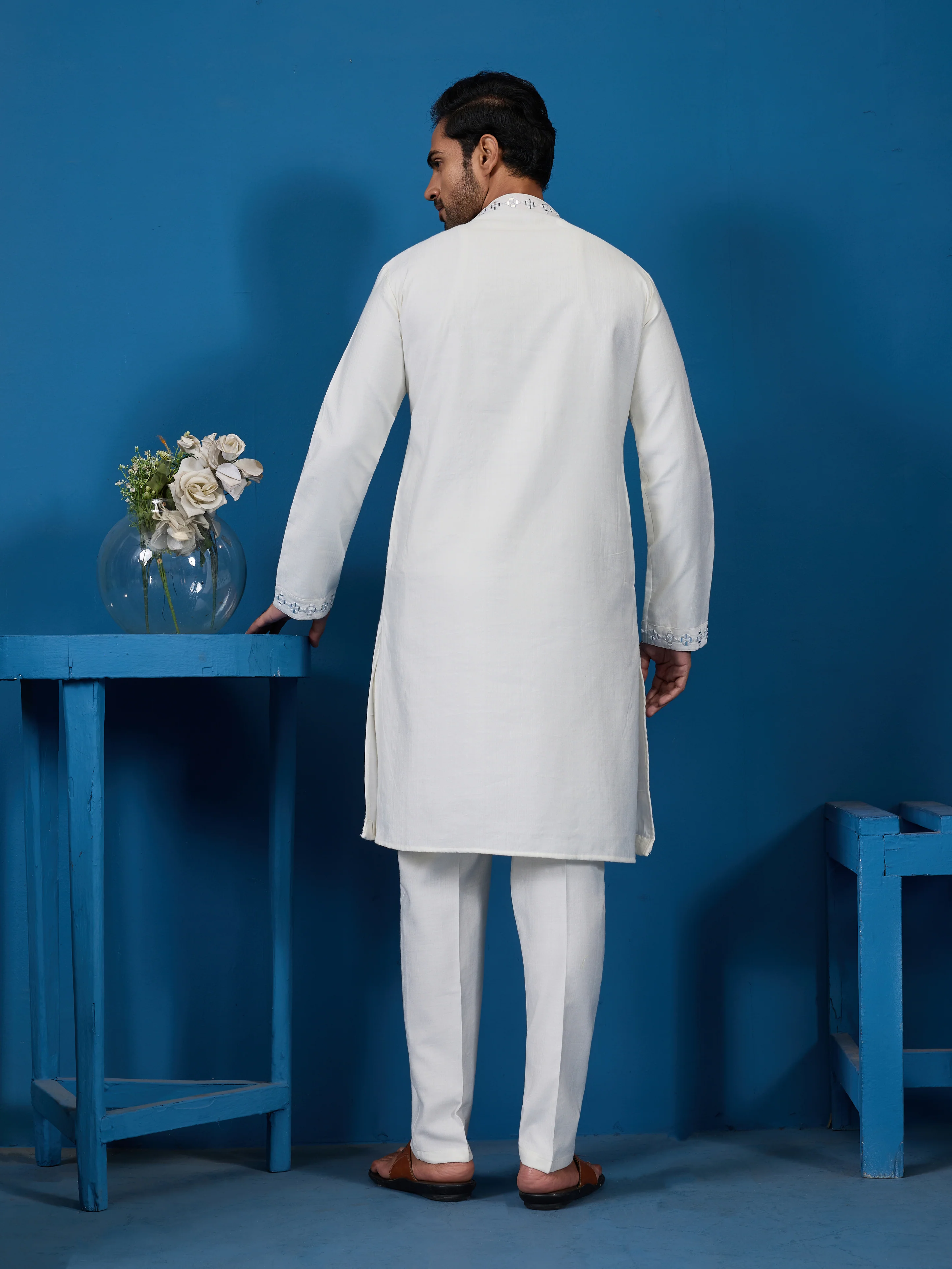 White Real Mirror Work Kurta Pant Set for Mens Wear - Image 8
