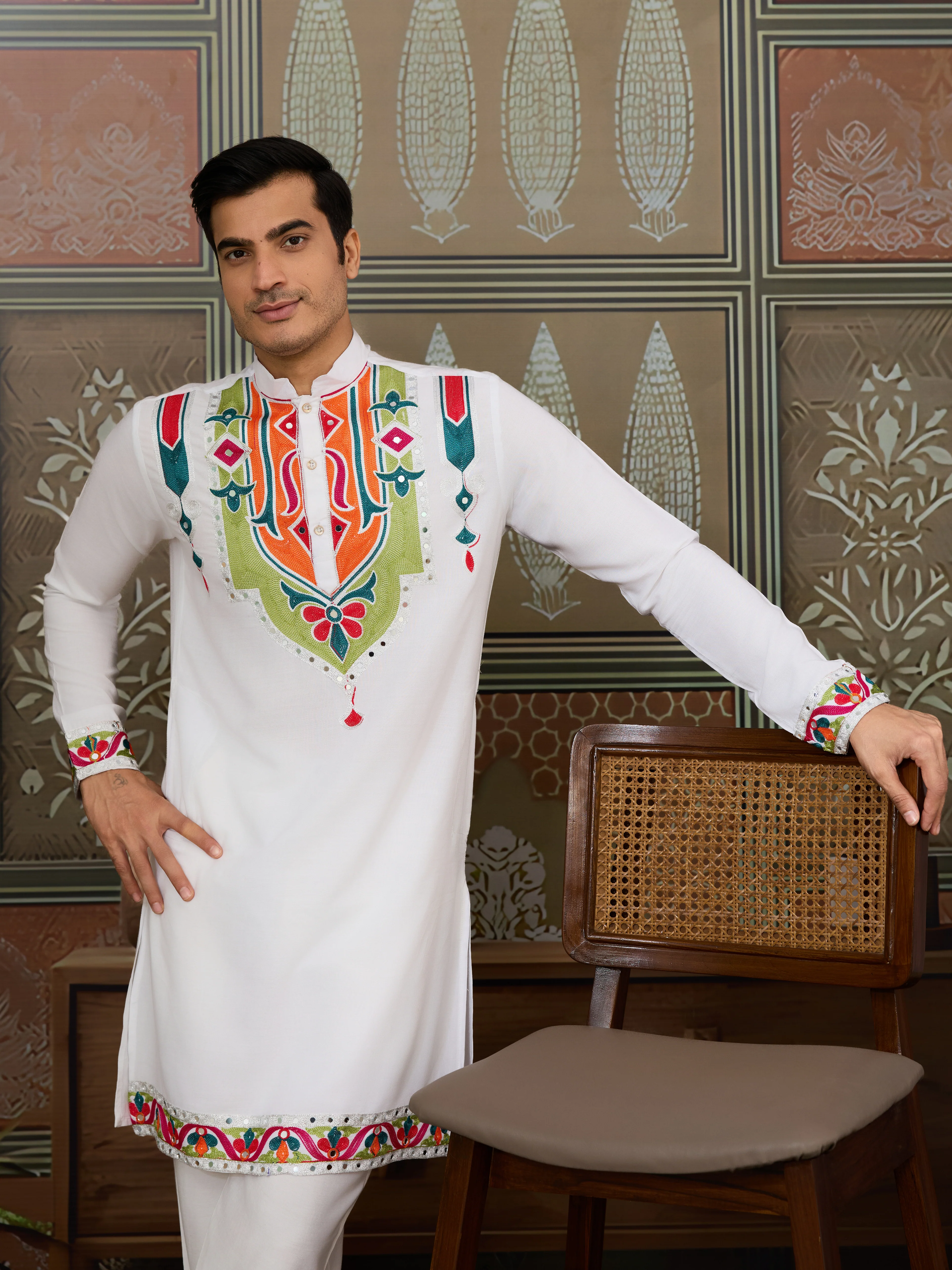 White Traditional Designer Festival Wear Kurta for Men - Image 2