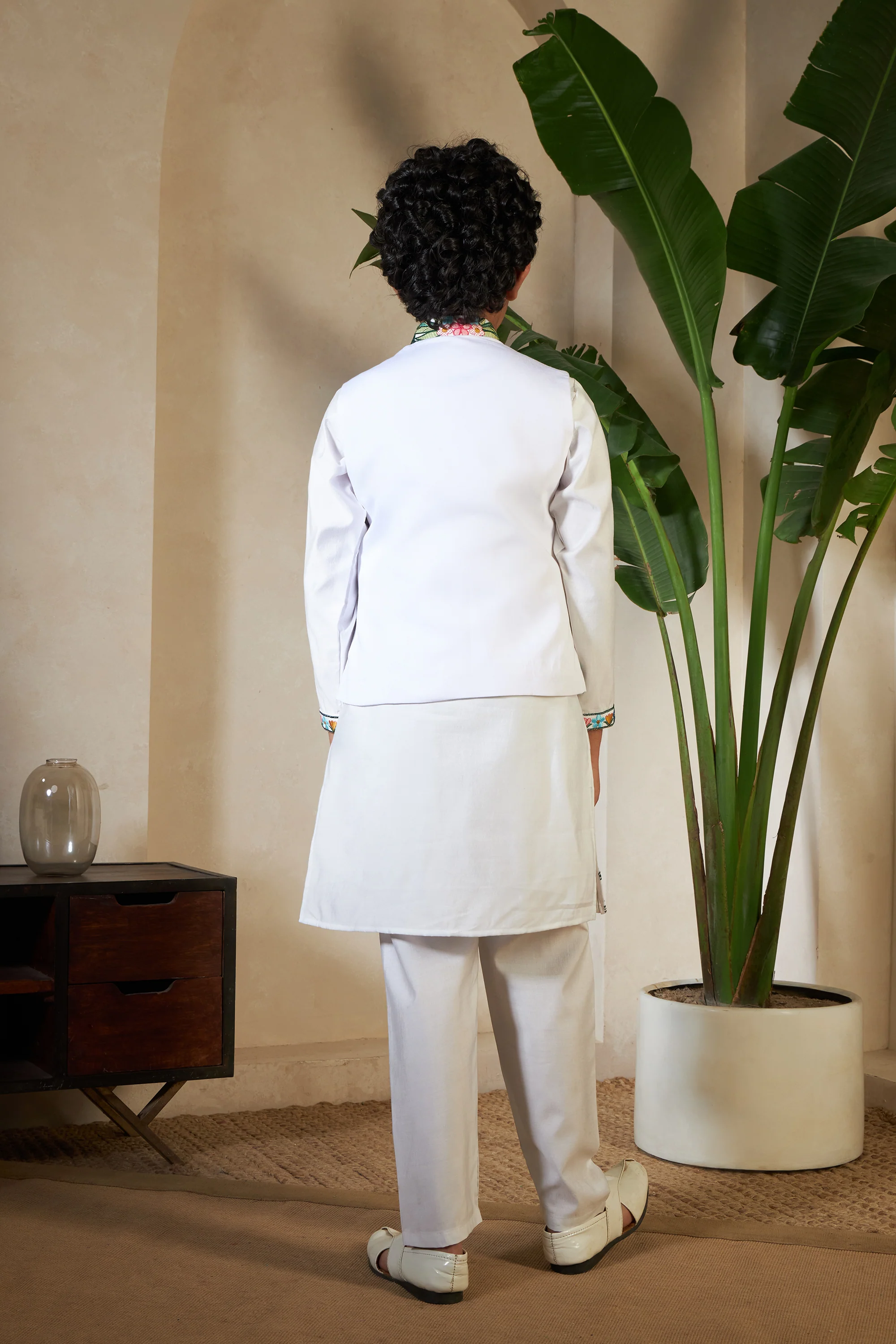 White Viscose Silk Embroidered Kurta with Koti Set for Boys - Image 6