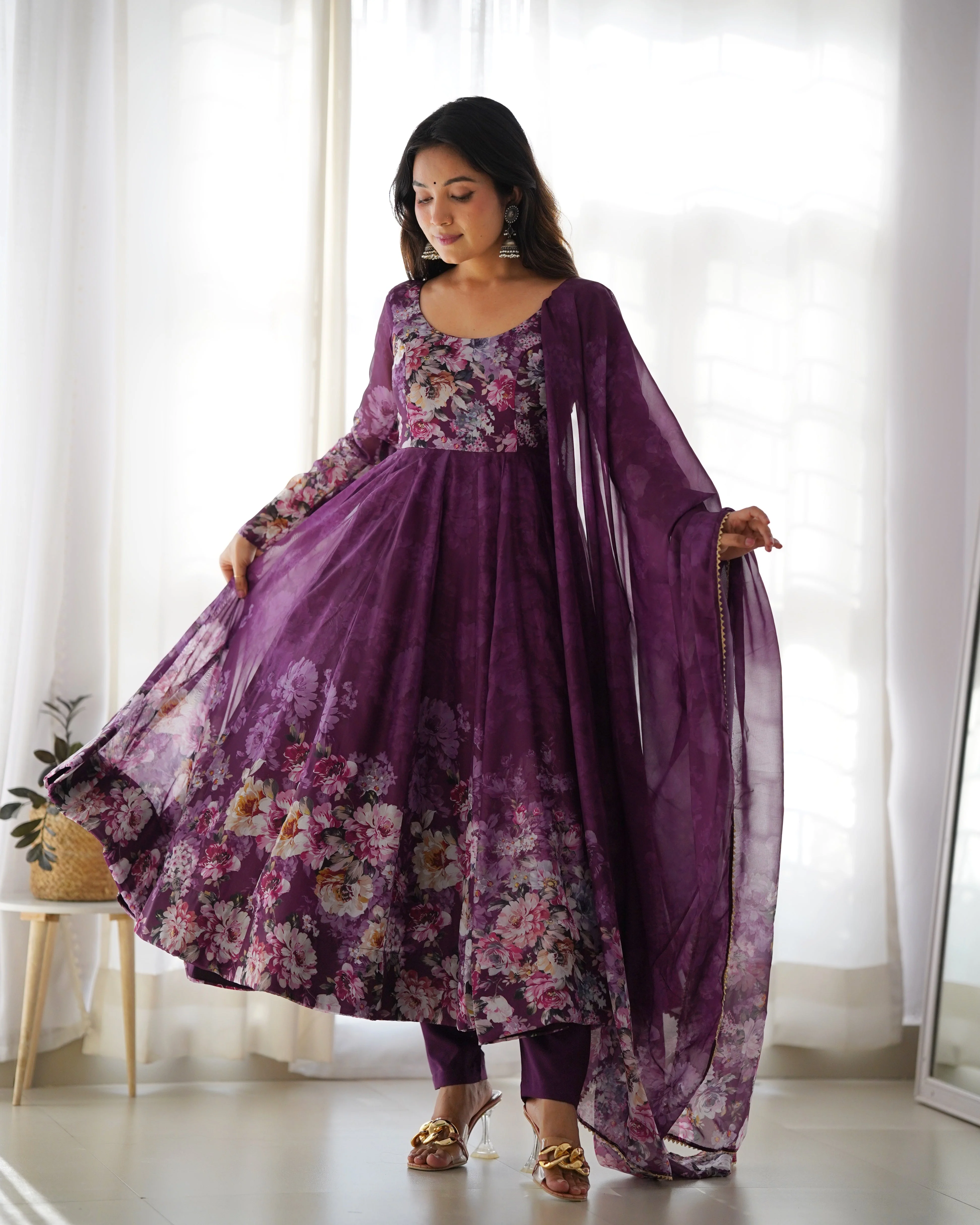Wine Color Digitally Printed Pure Soft Organza Anarkali Suit With Huge Flair Comes With Duppatta & Pant - Image 3