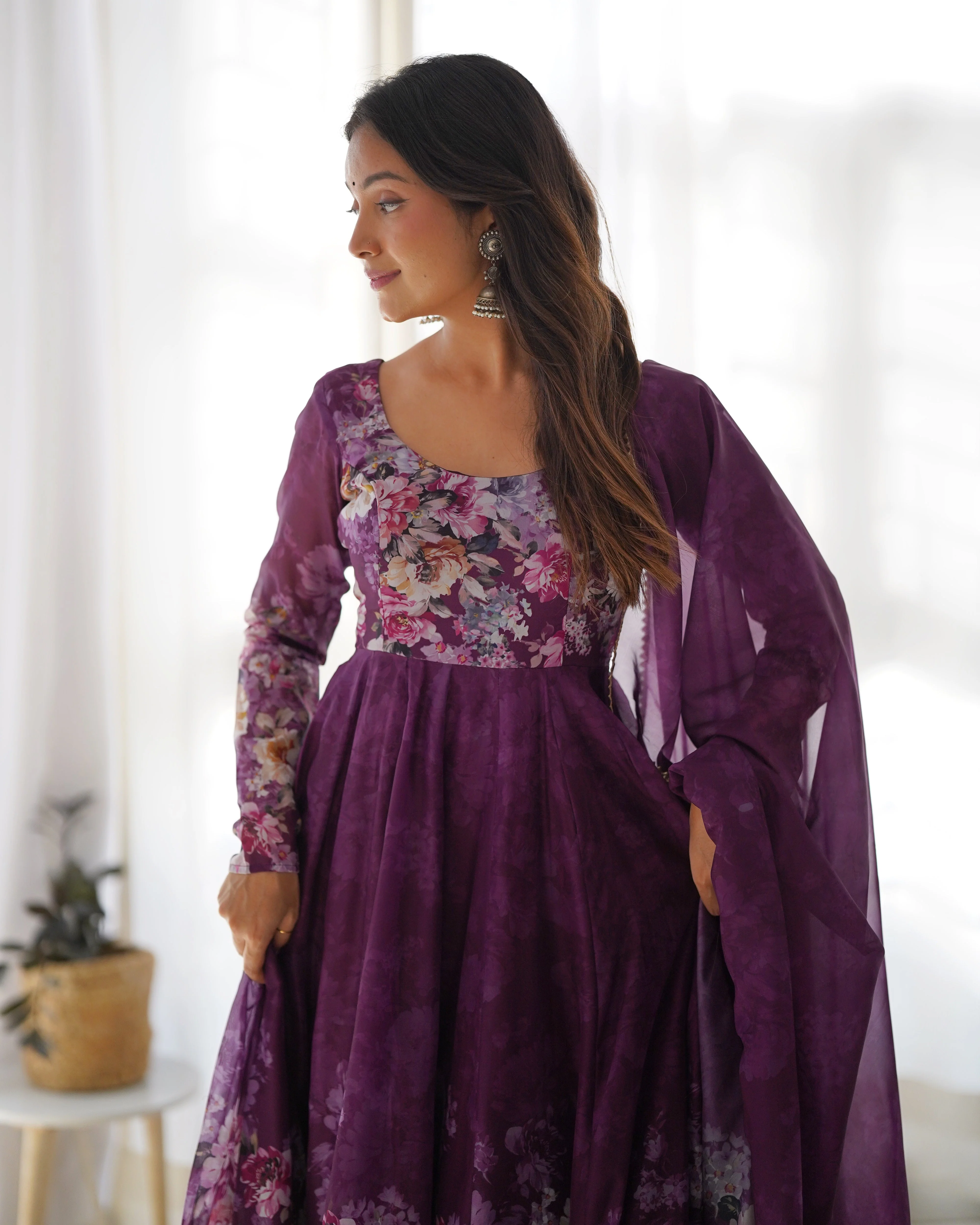 Wine Color Digitally Printed Pure Soft Organza Anarkali Suit With Huge Flair Comes With Duppatta & Pant - Image 4
