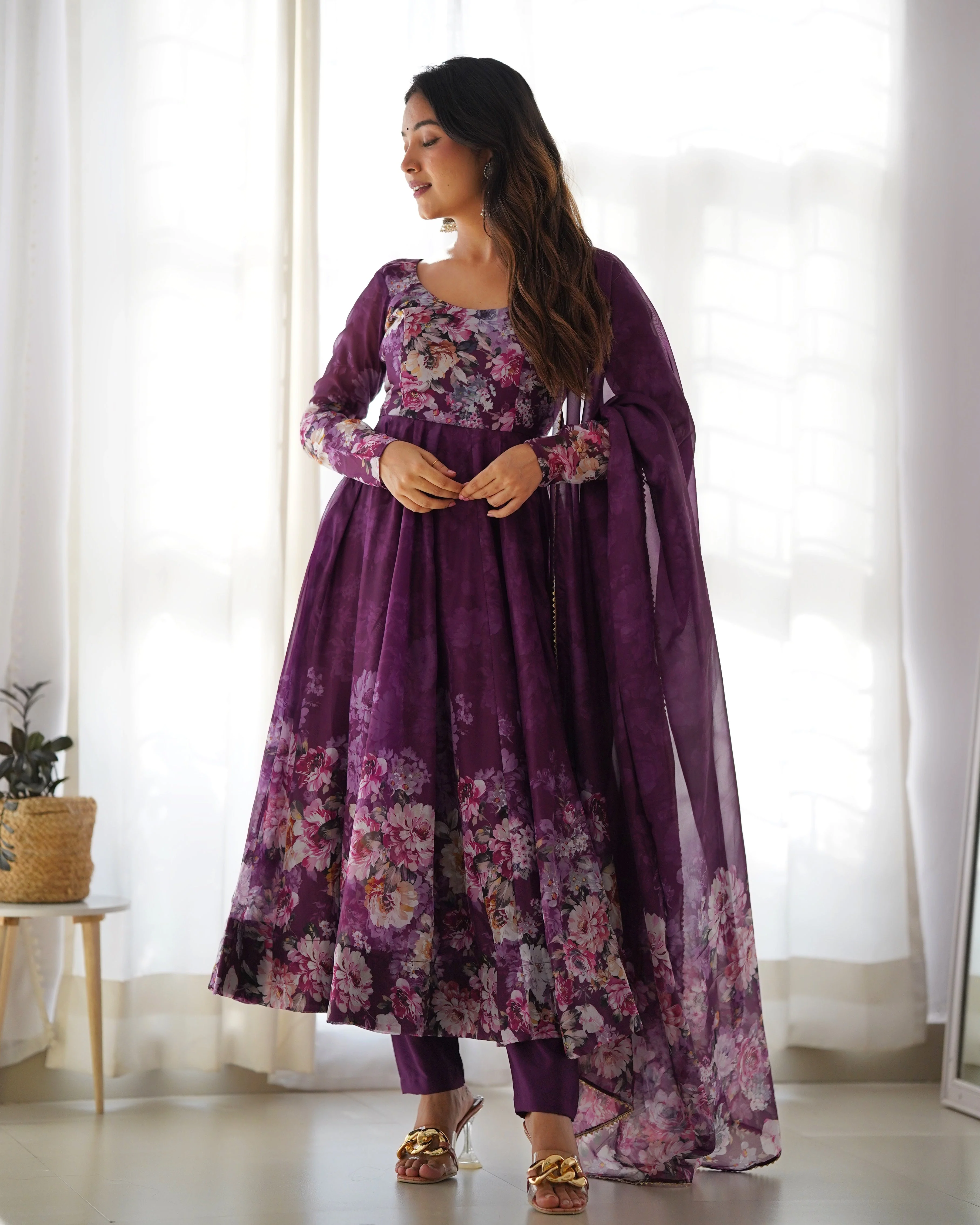 Wine Color Digitally Printed Pure Soft Organza Anarkali Suit With Huge Flair Comes With Duppatta & Pant - Image 5