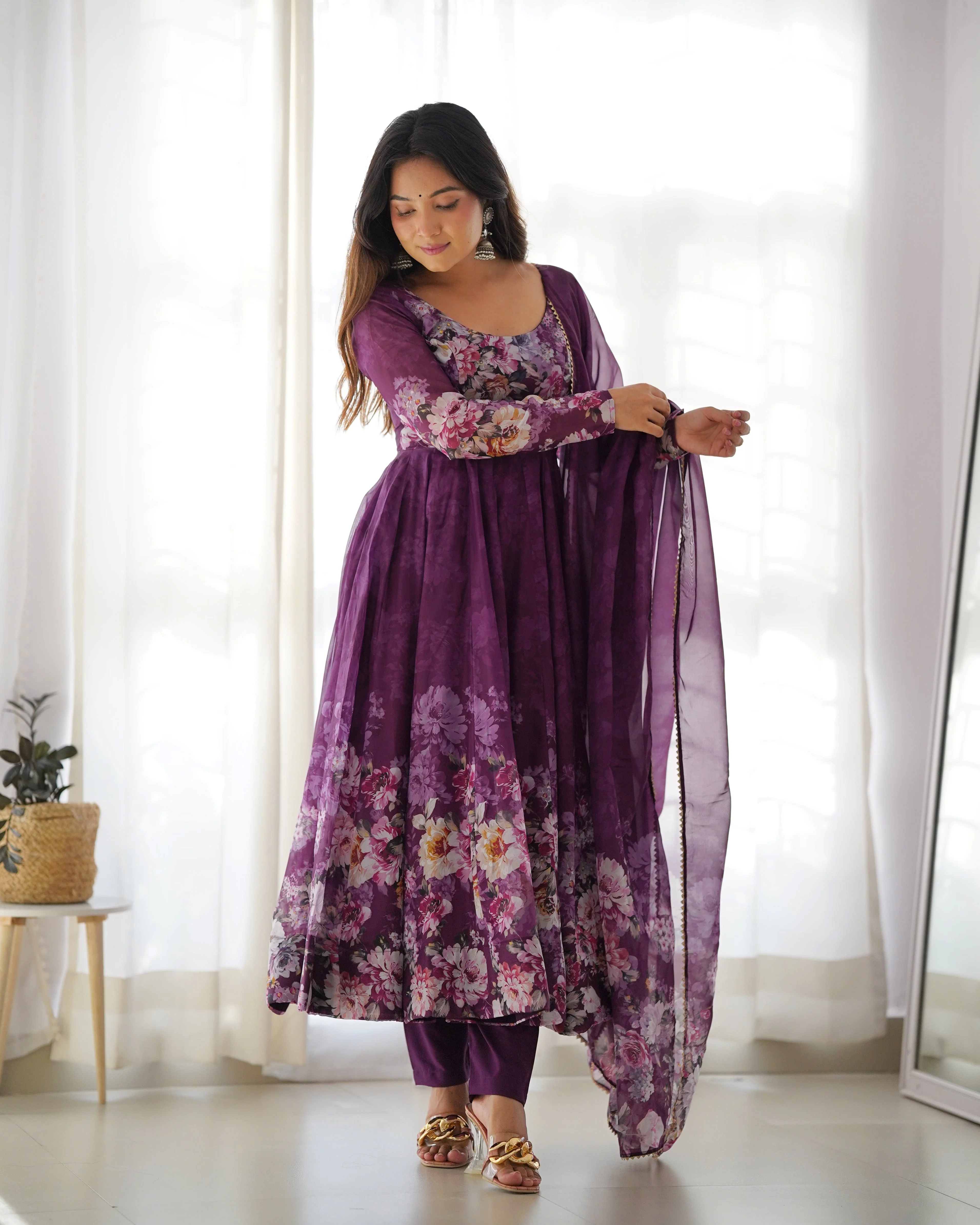 Wine Color Digitally Printed Pure Soft Organza Anarkali Suit With Huge Flair Comes With Duppatta & Pant - Image 6