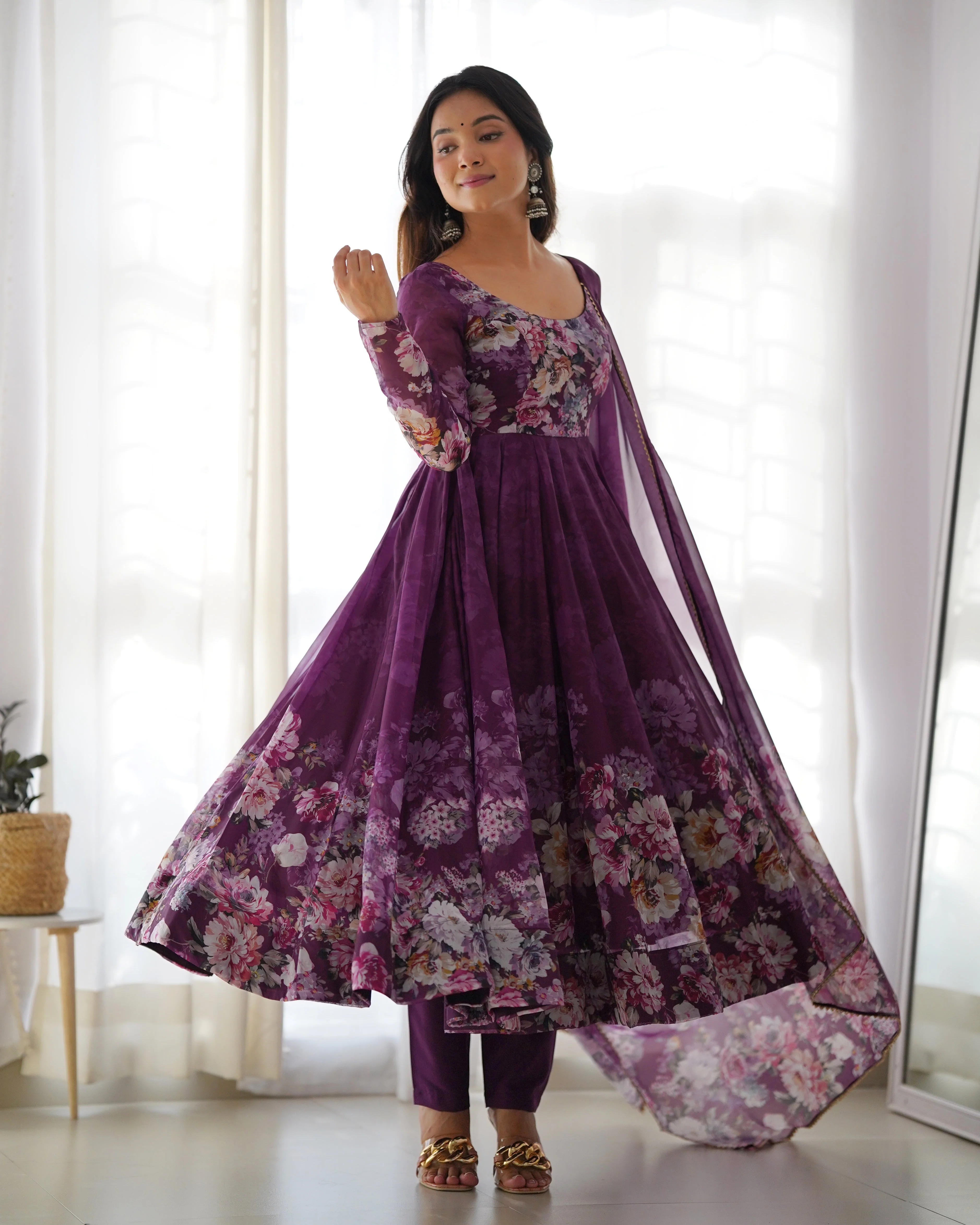 Wine Color Digitally Printed Pure Soft Organza Anarkali Suit With Huge Flair Comes With Duppatta & Pant - Image 7
