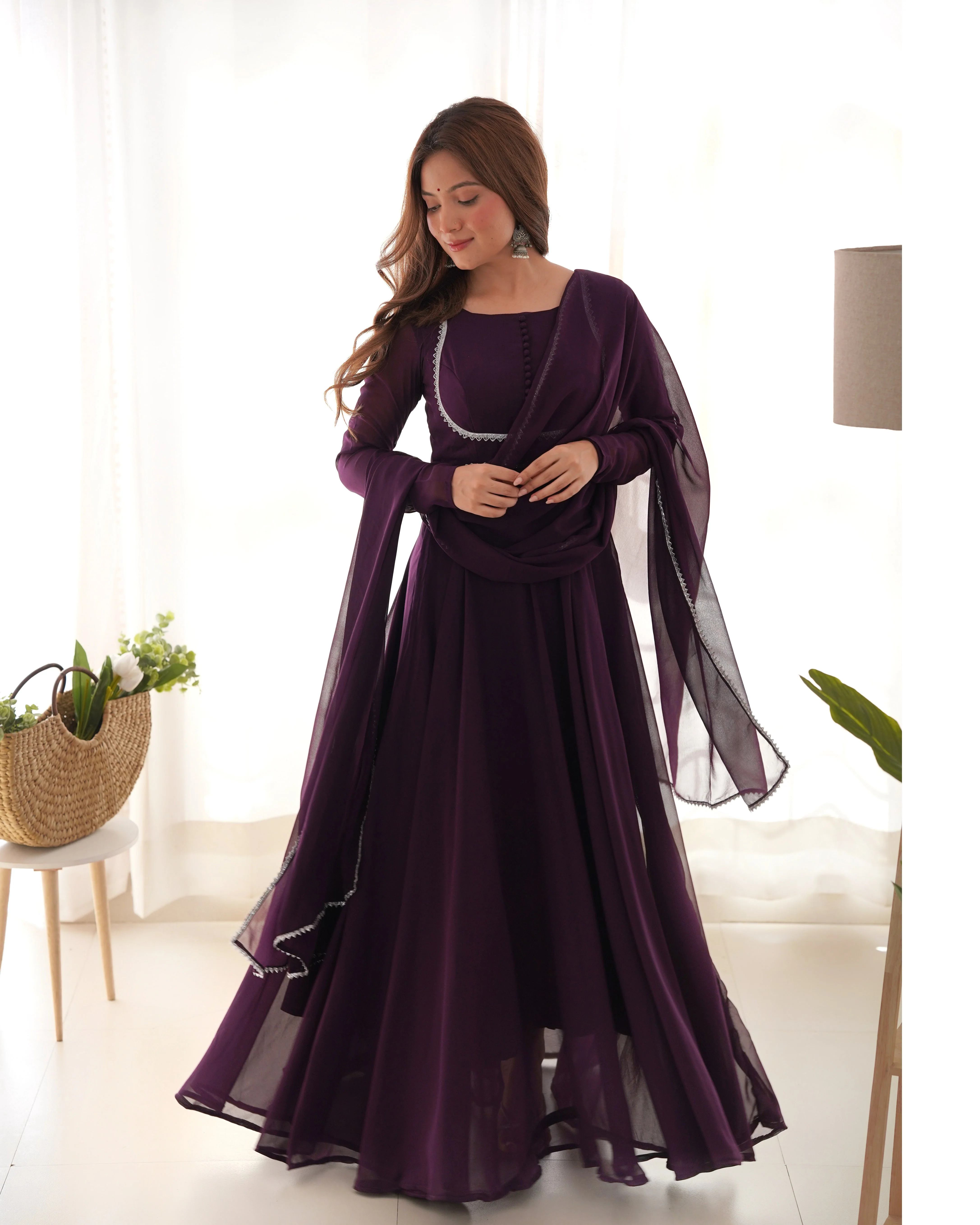 Wine Color Georgette Three Piece Anarkali Suit - Image 3