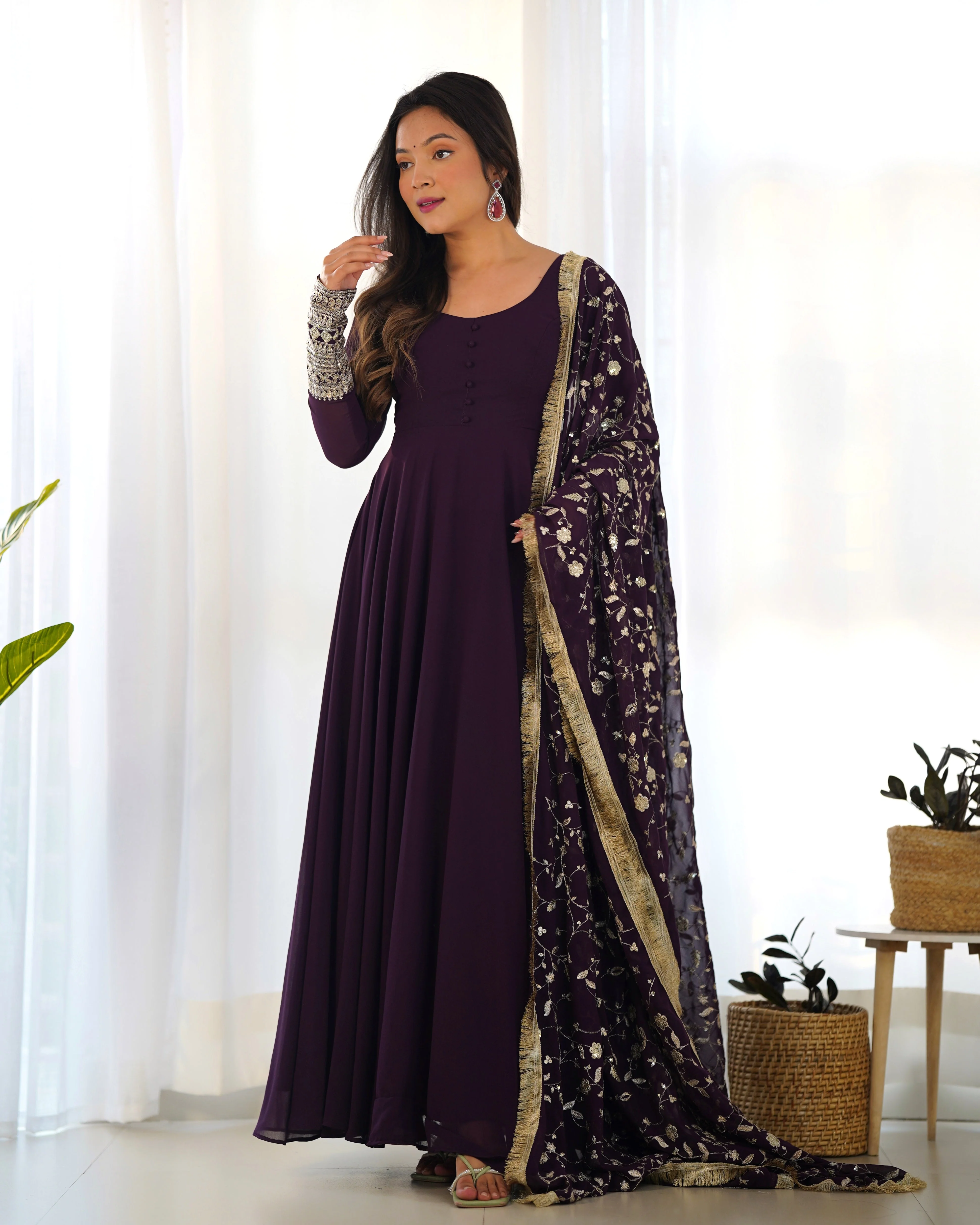 Wine Color Pure Faux Georgette Kurti With Huge Flair Comes With Duppatta & Pant - Image 10