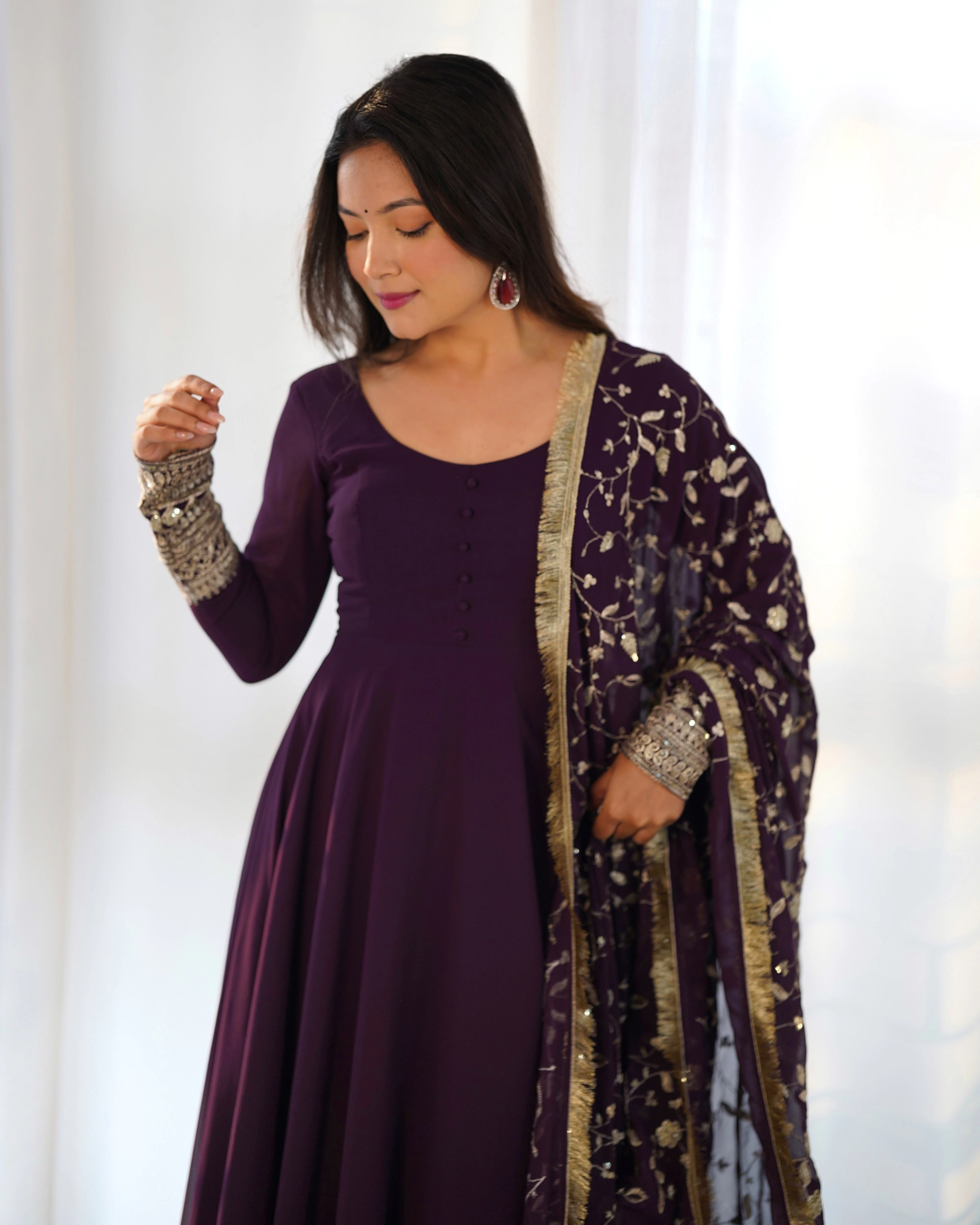 Wine Color Pure Faux Georgette Kurti With Huge Flair Comes With Duppatta & Pant - Image 3