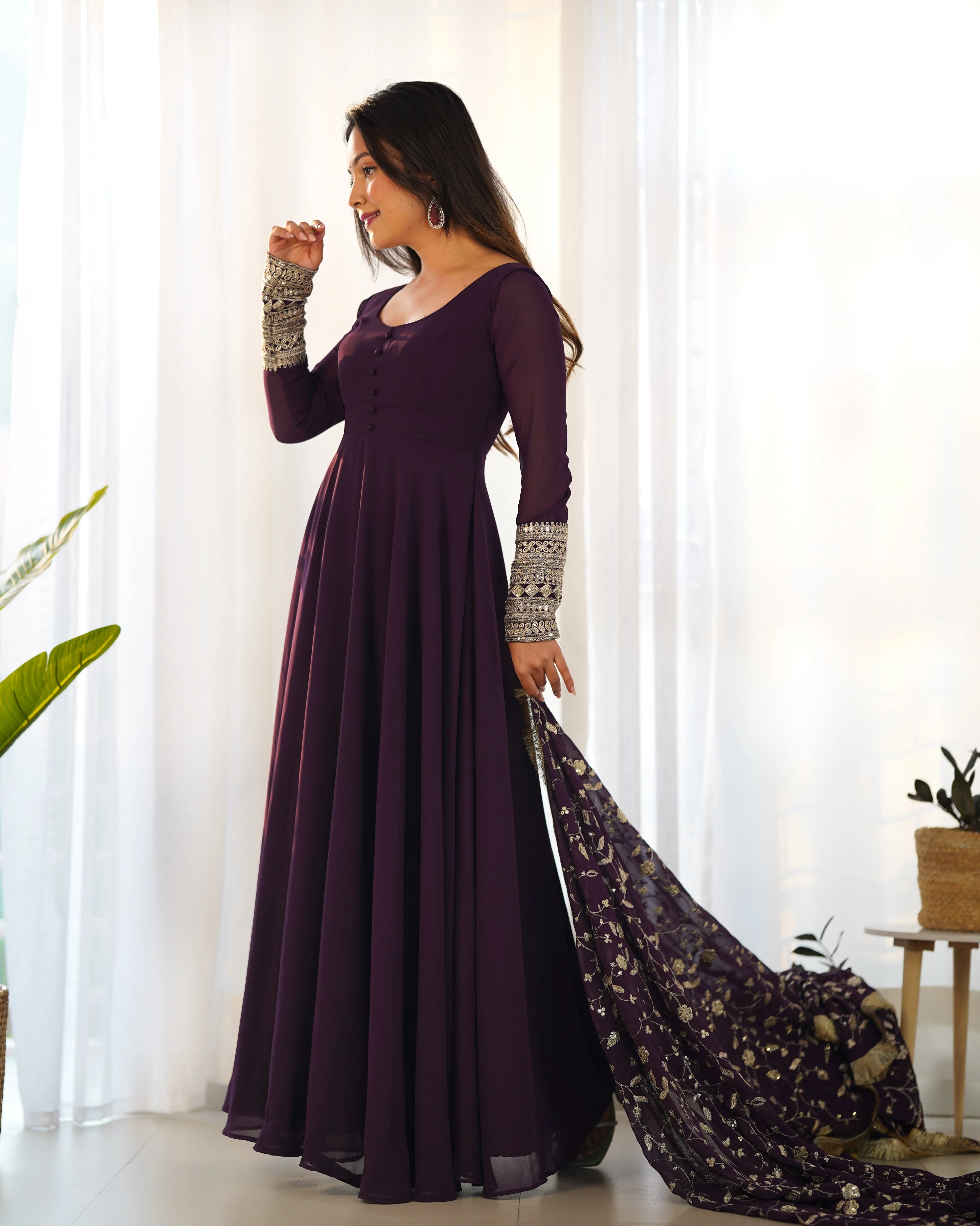 Wine Color Pure Faux Georgette Kurti With Huge Flair Comes With Duppatta & Pant - Image 4