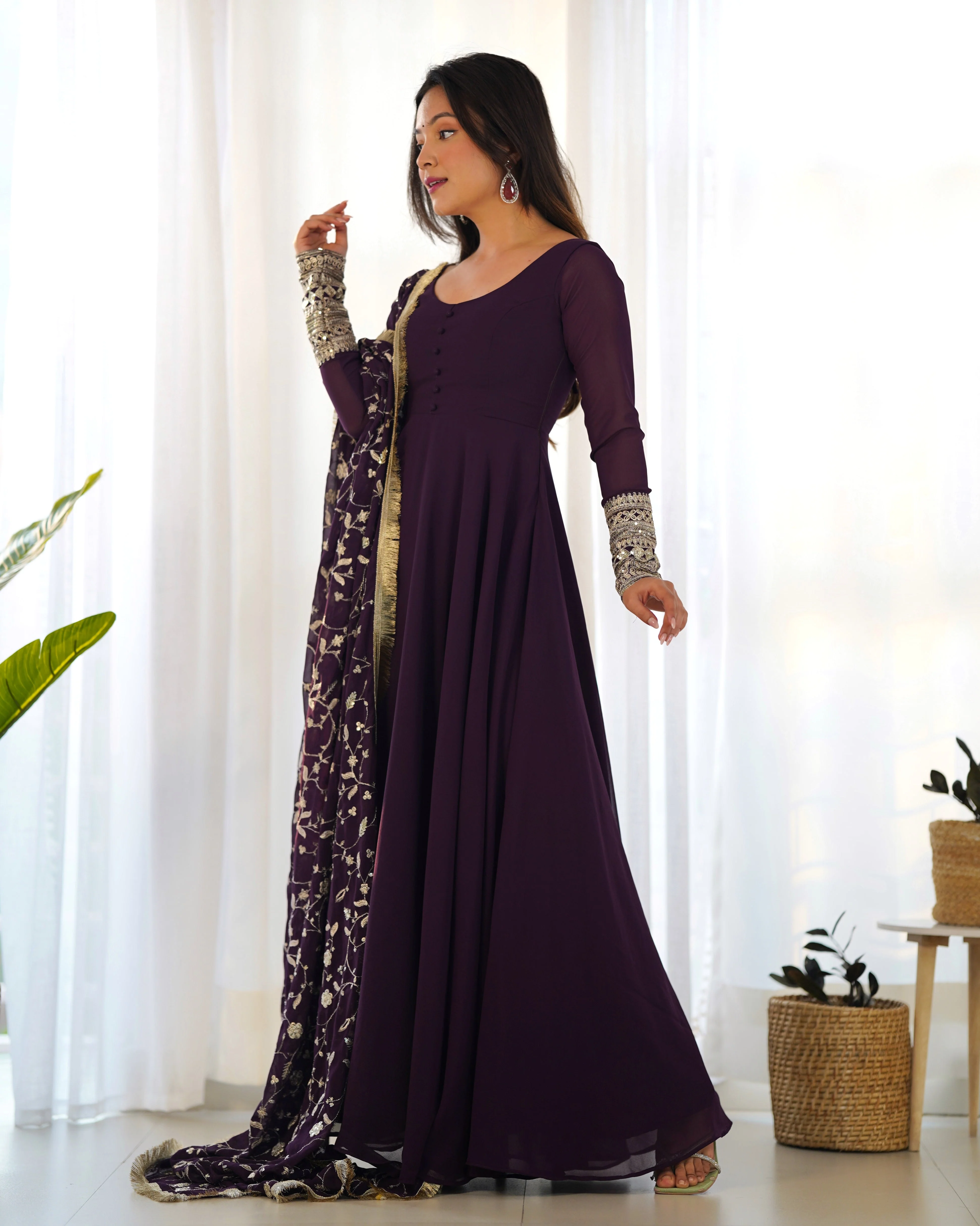 Wine Color Pure Faux Georgette Kurti With Huge Flair Comes With Duppatta & Pant - Image 5