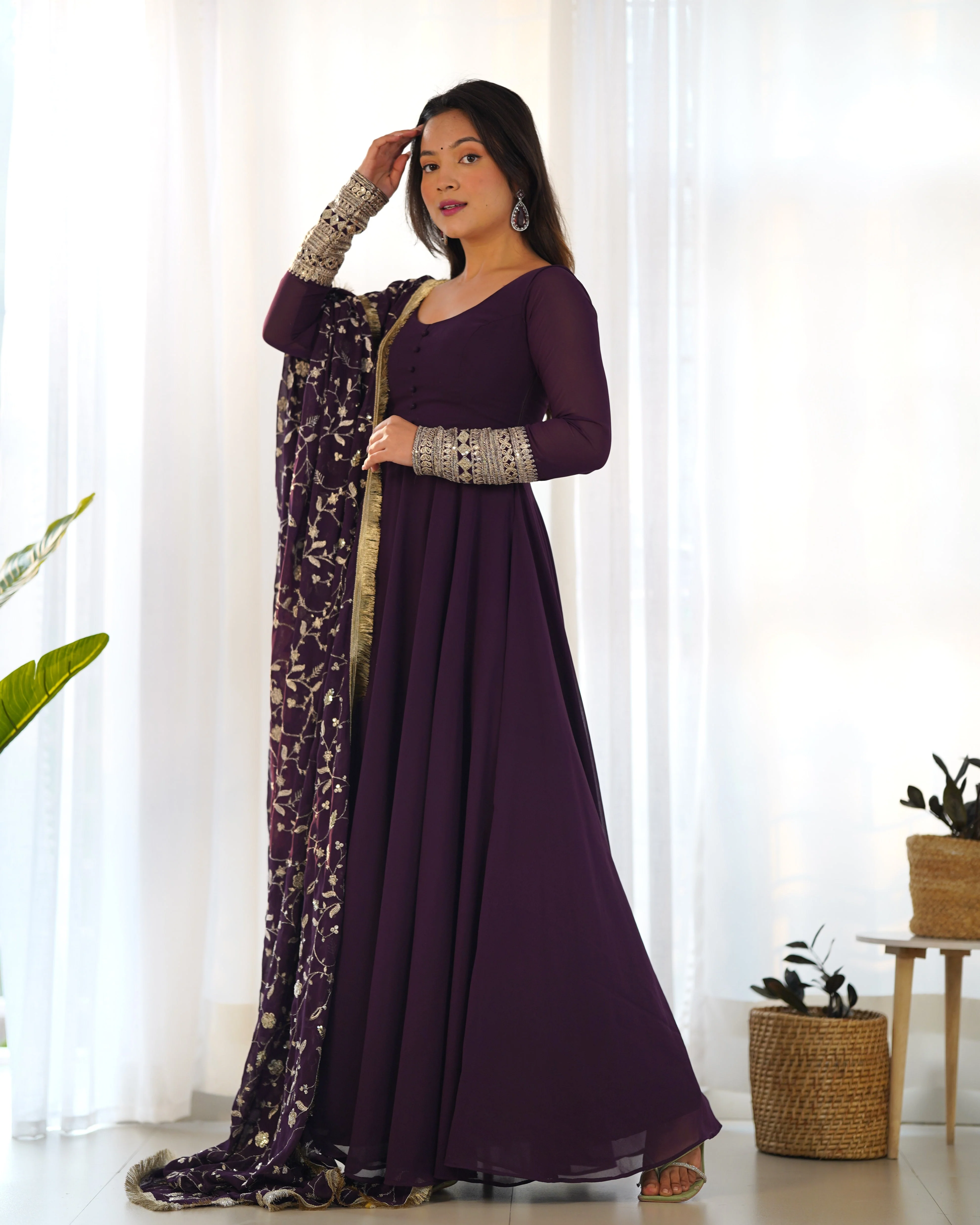 Wine Color Pure Faux Georgette Kurti With Huge Flair Comes With Duppatta & Pant - Image 6