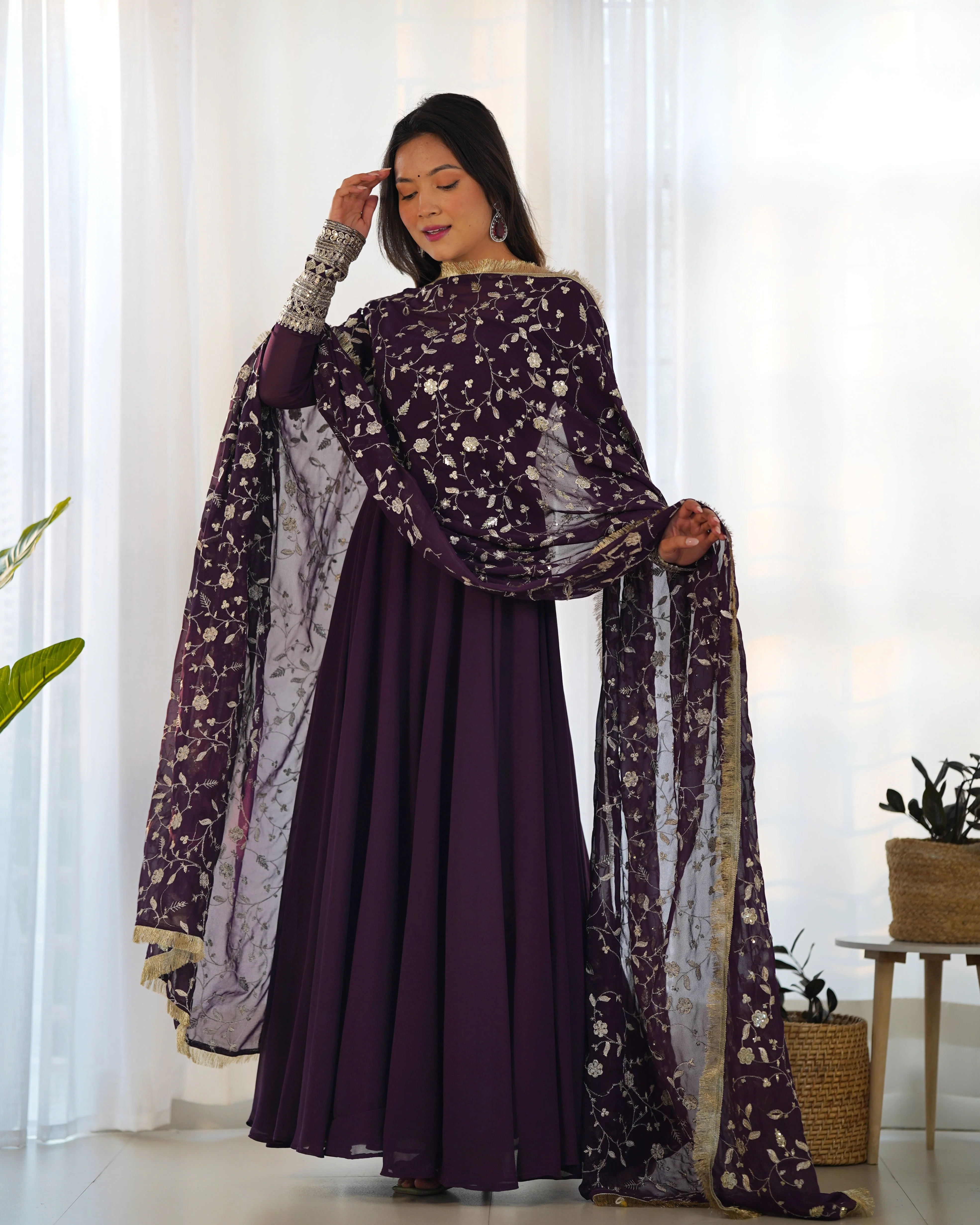 Wine Color Pure Faux Georgette Kurti With Huge Flair Comes With Duppatta & Pant - Image 7