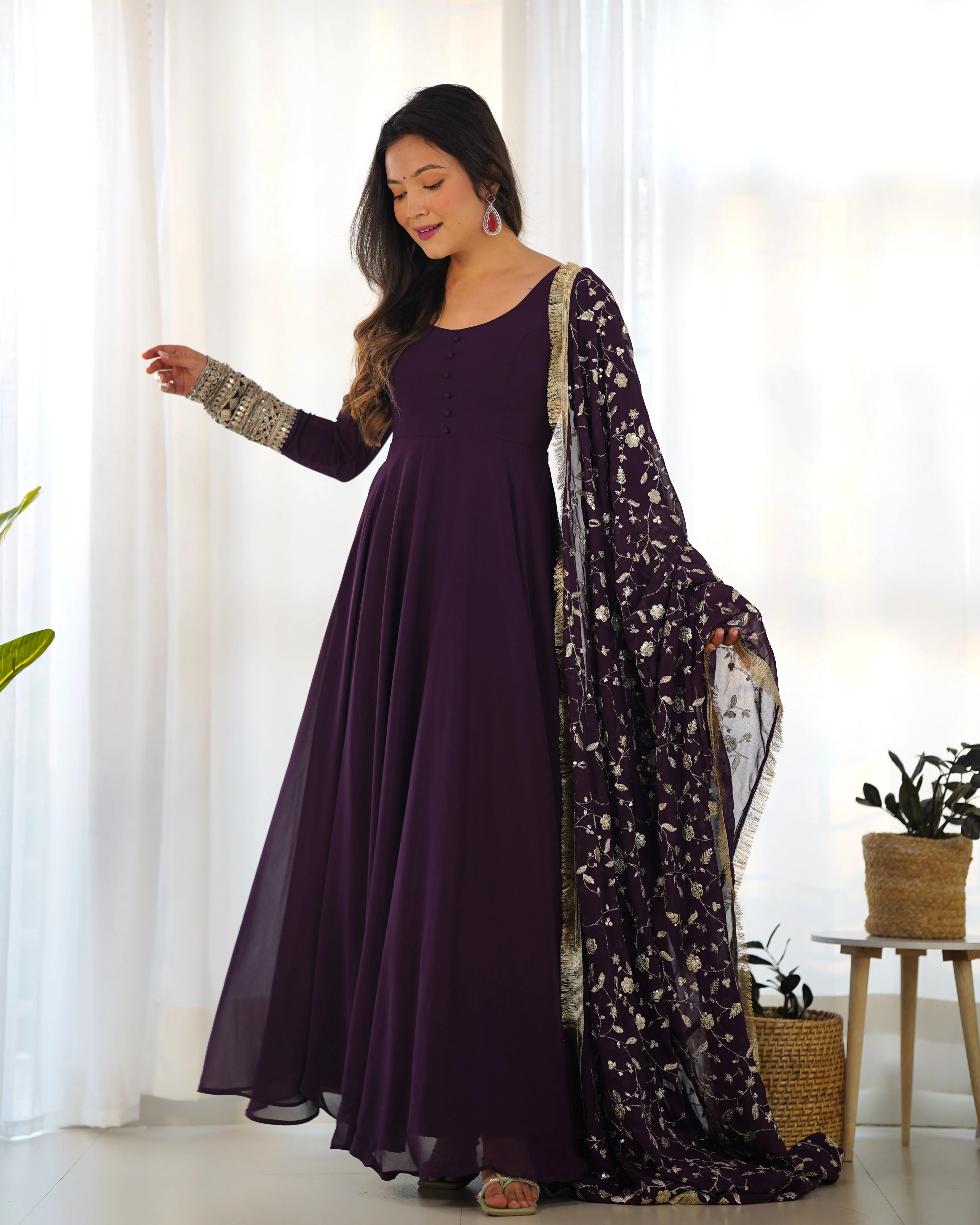 Wine Color Pure Faux Georgette Kurti With Huge Flair Comes With Duppatta & Pant - Image 8