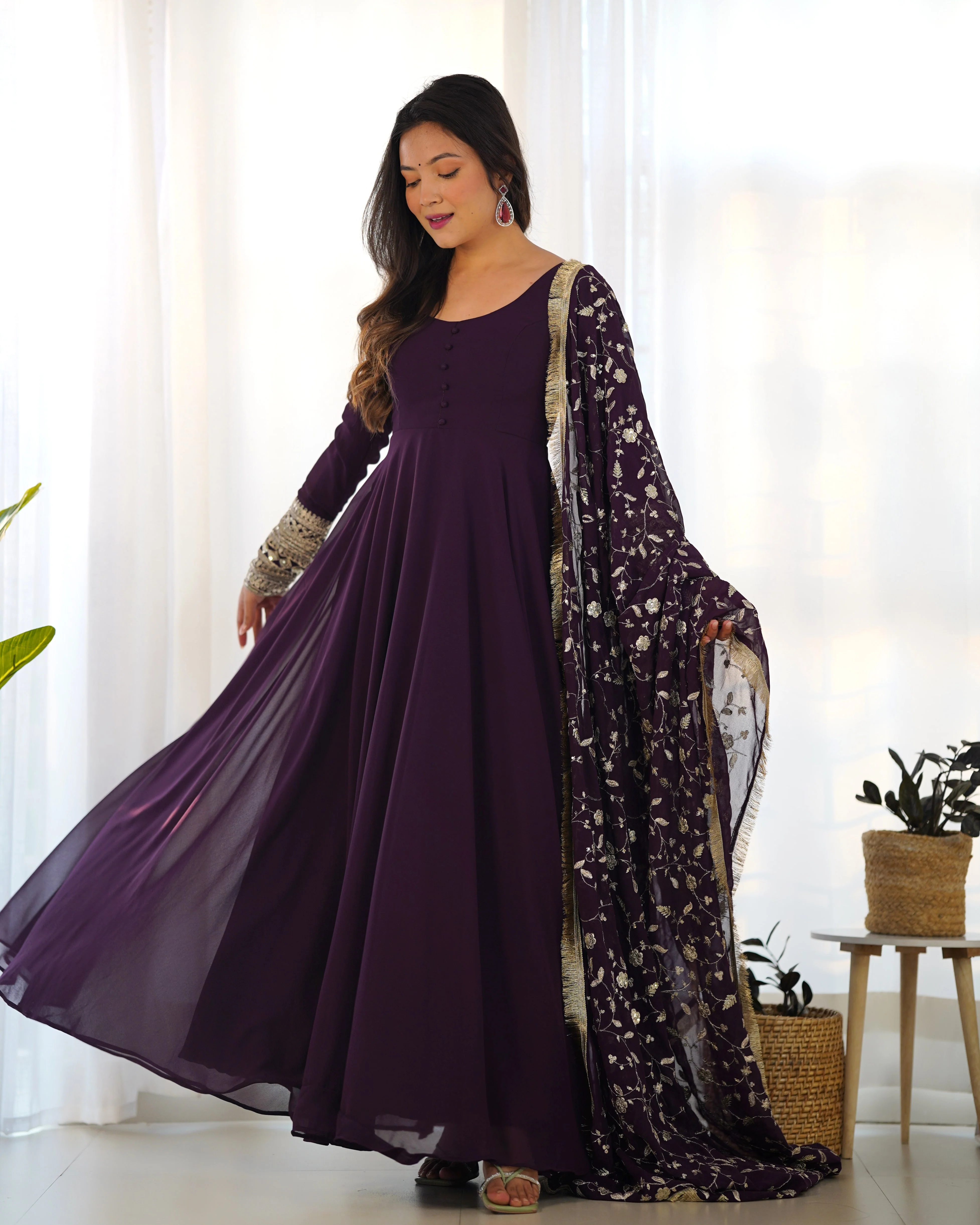 Wine Color Pure Faux Georgette Kurti With Huge Flair Comes With Duppatta & Pant - Image 9
