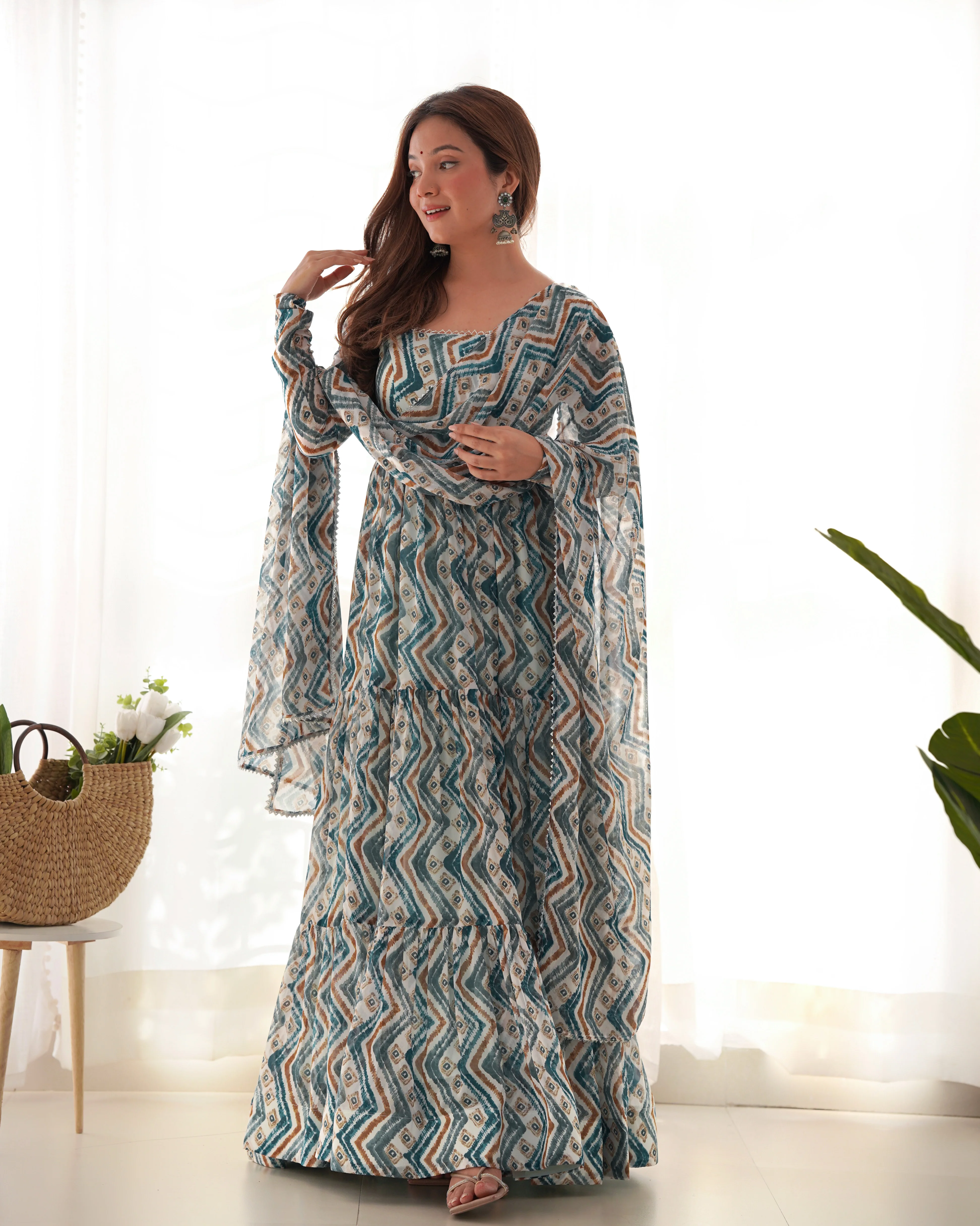 Light Blue Color Pure Faux Georgette Zigzag Print Fabric With Huge Flair Comes With Duppatta & Pant - Image 2
