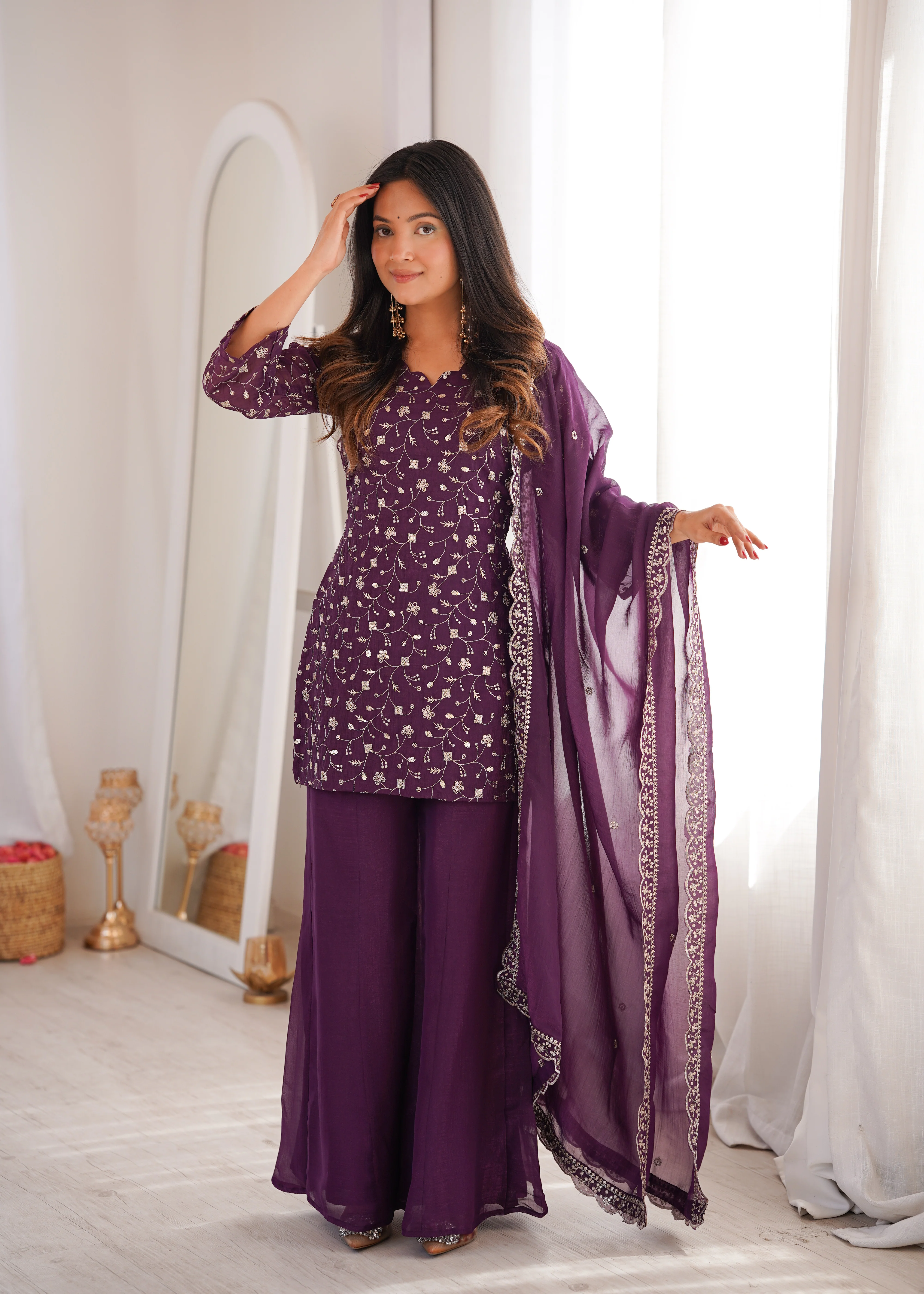 Wine Crunchy Silk Sequence Work Kurta Bell Bottom Suit Set