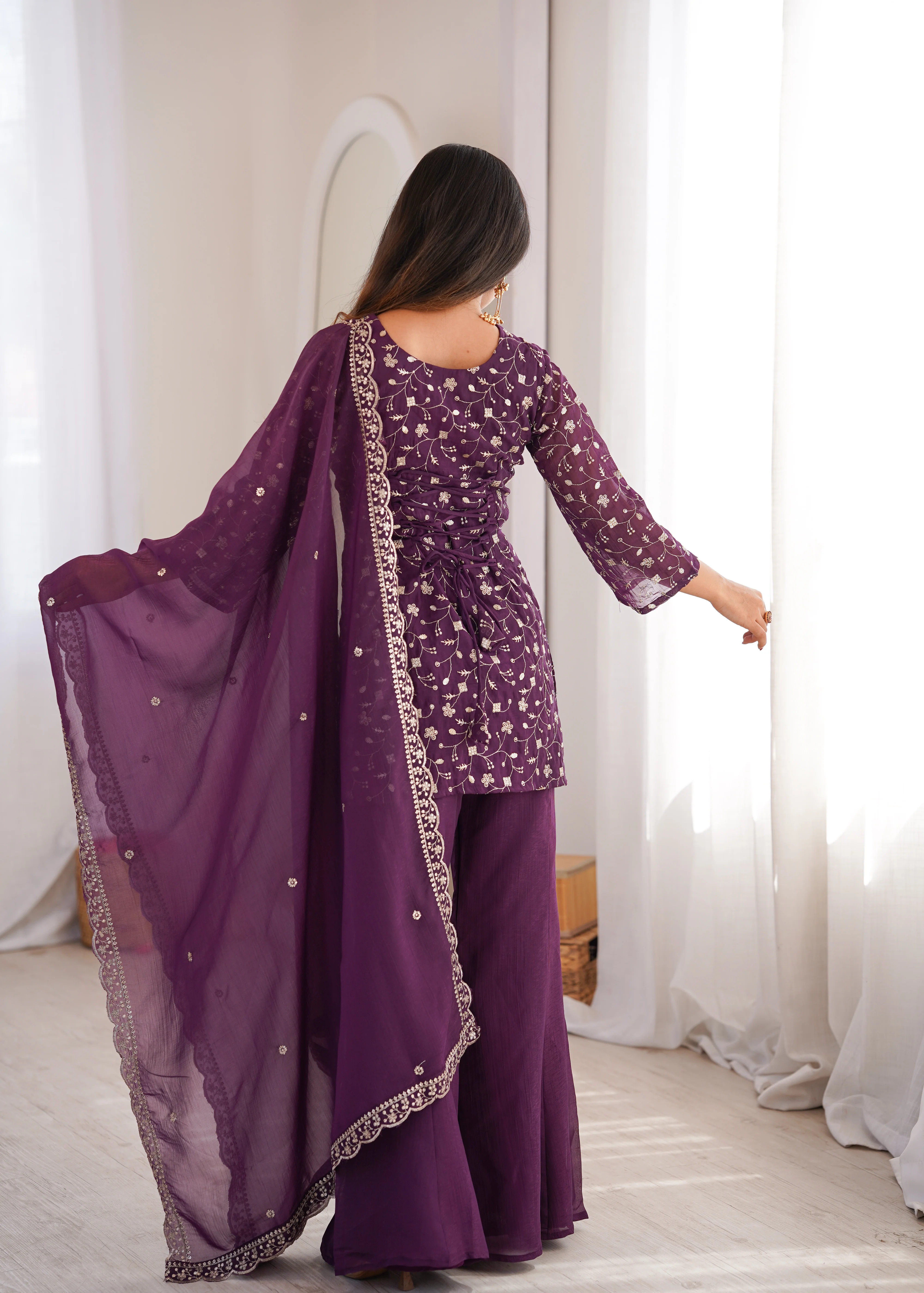 Wine Crunchy Silk Sequence Work Kurta Bell Bottom Suit Set - Image 5