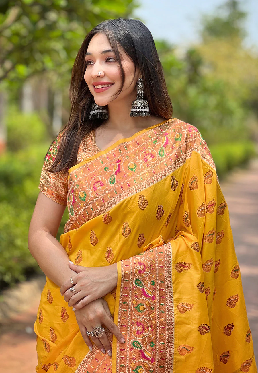 Yellow Original Maharashtrian Meenakari Yeola Paithani Silk Zari Woven Saree - Image 2